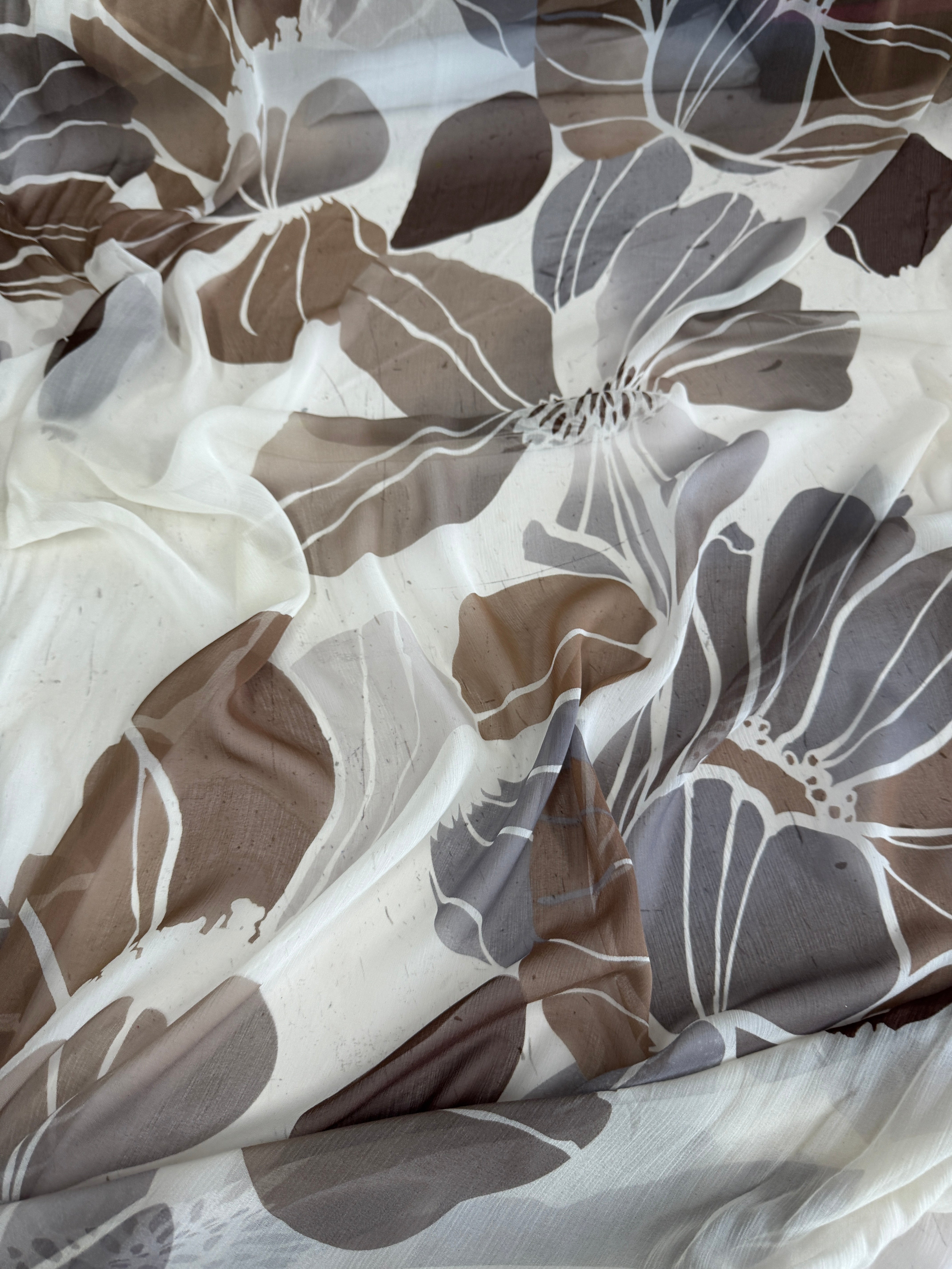 Mocha Botanical Italian Crinkle Silk Chiffon, Crinkle Silk Chiffon, Silk Chiffon Fabric, Textured Silk Chiffon, Pure Silk Chiffon, Sheer Silk Fabric, Lightweight Silk Fabric