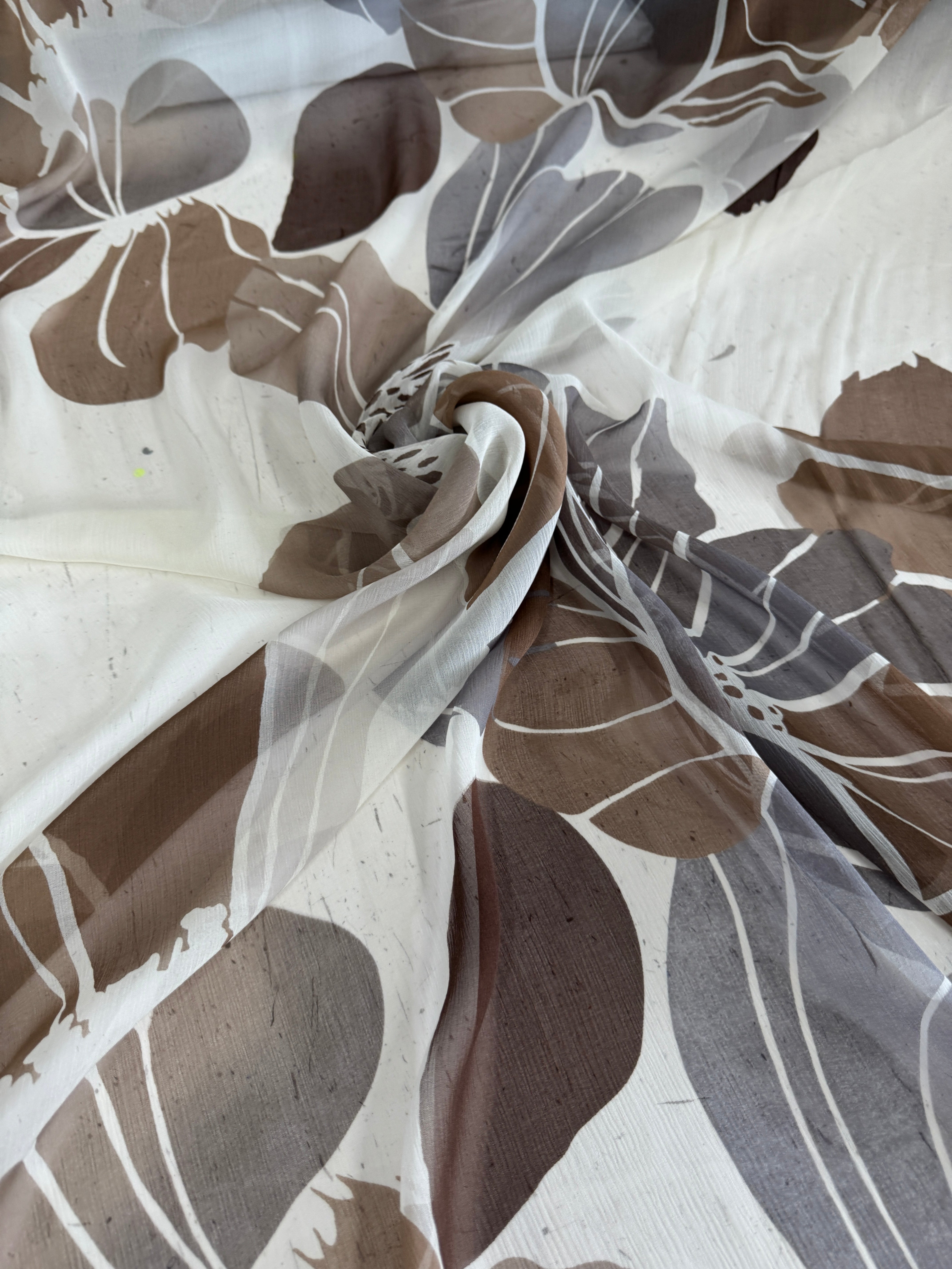 Mocha Botanical Italian Crinkle Silk Chiffon, Crinkle Silk Chiffon, Silk Chiffon Fabric, Textured Silk Chiffon, Pure Silk Chiffon, Sheer Silk Fabric, Lightweight Silk Fabric