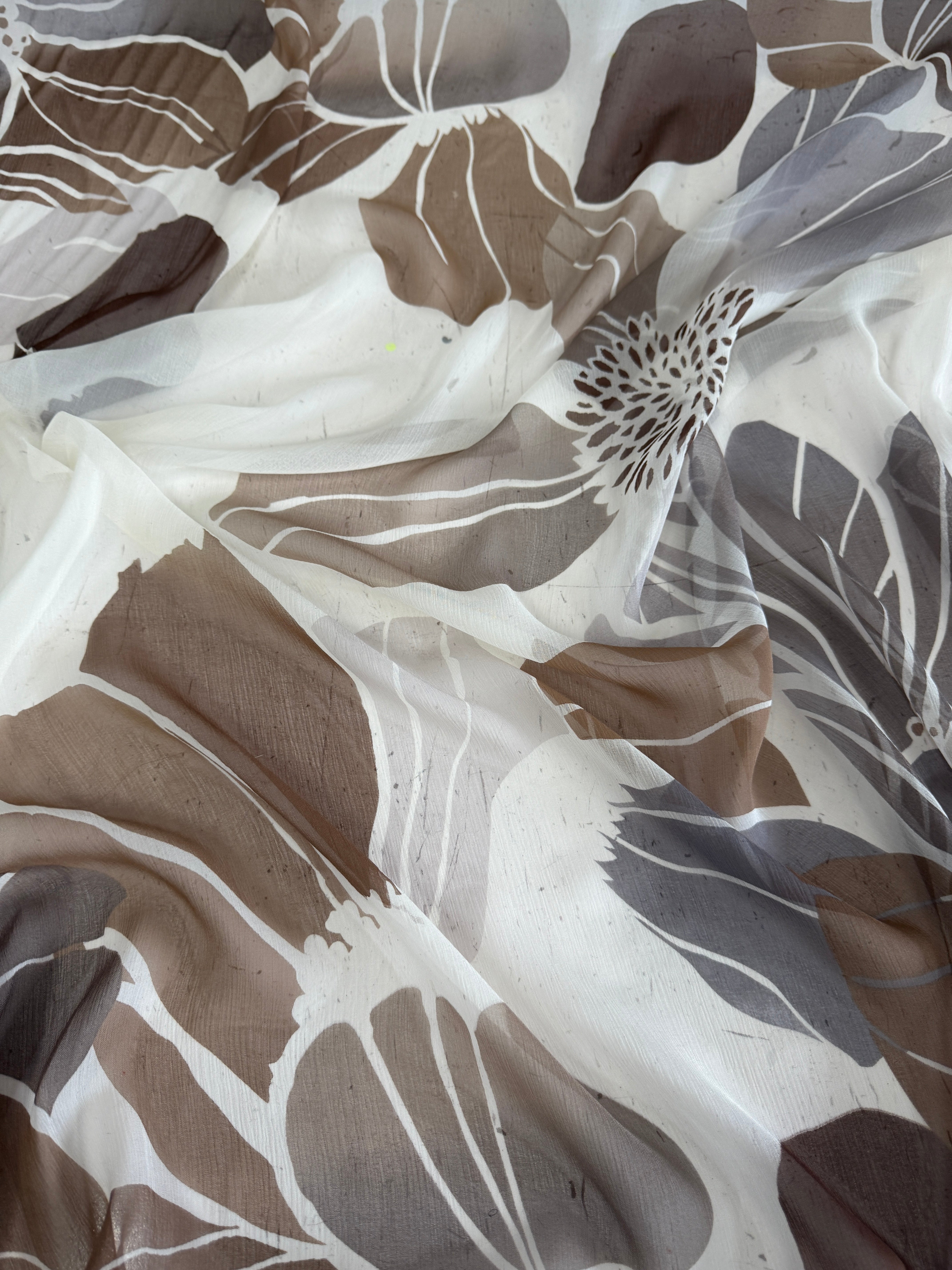 Mocha Botanical Italian Crinkle Silk Chiffon, Crinkle Silk Chiffon, Silk Chiffon Fabric, Textured Silk Chiffon, Pure Silk Chiffon, Sheer Silk Fabric, Lightweight Silk Fabric