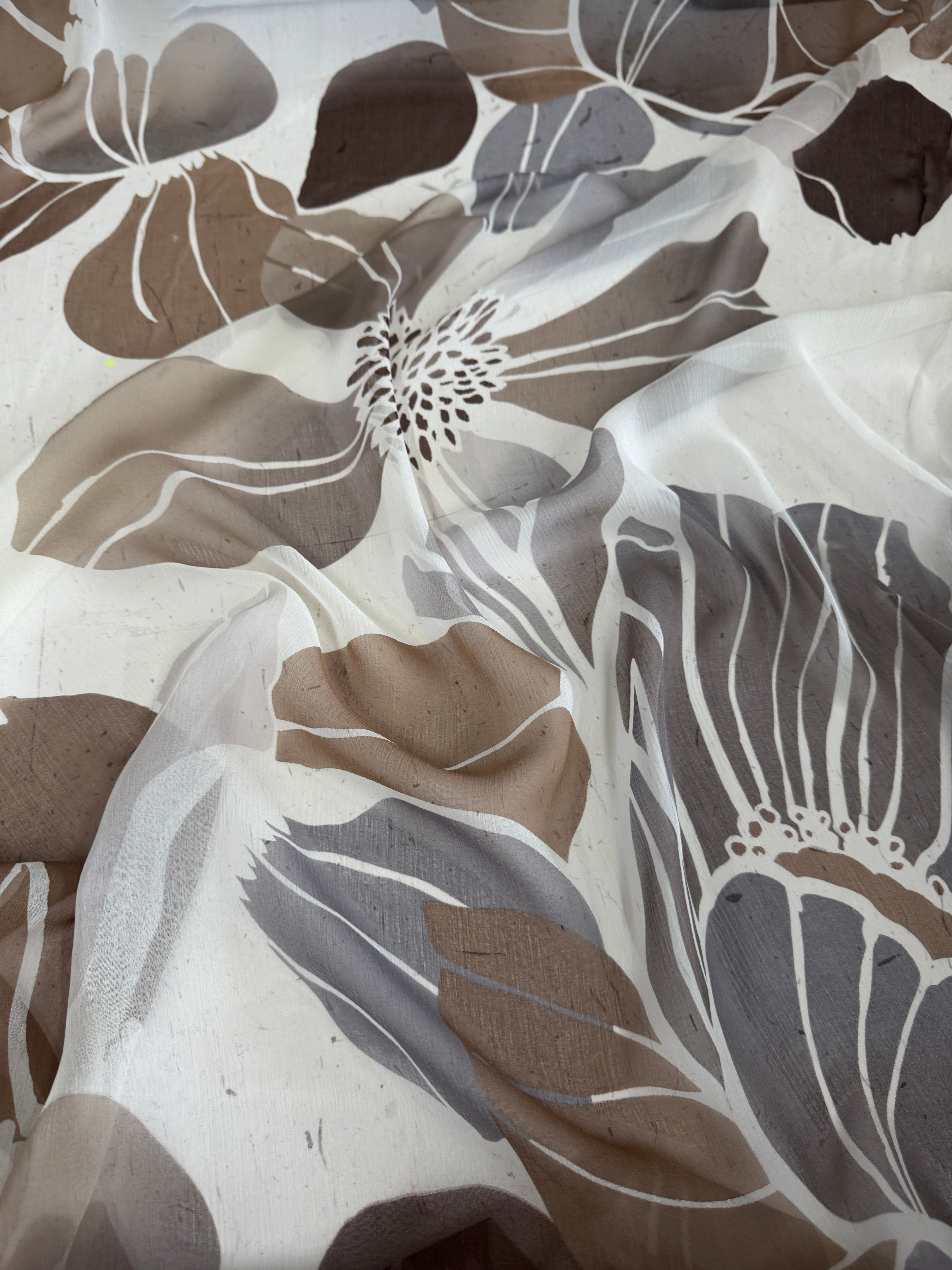 Mocha Botanical Italian Crinkle Silk Chiffon, Kiki Sewing Store, Kiki Luxury Fabric, Cheap Fabric Store, Kiki Textiles, Kiki Textile by the Yard, Kiki Textile USA