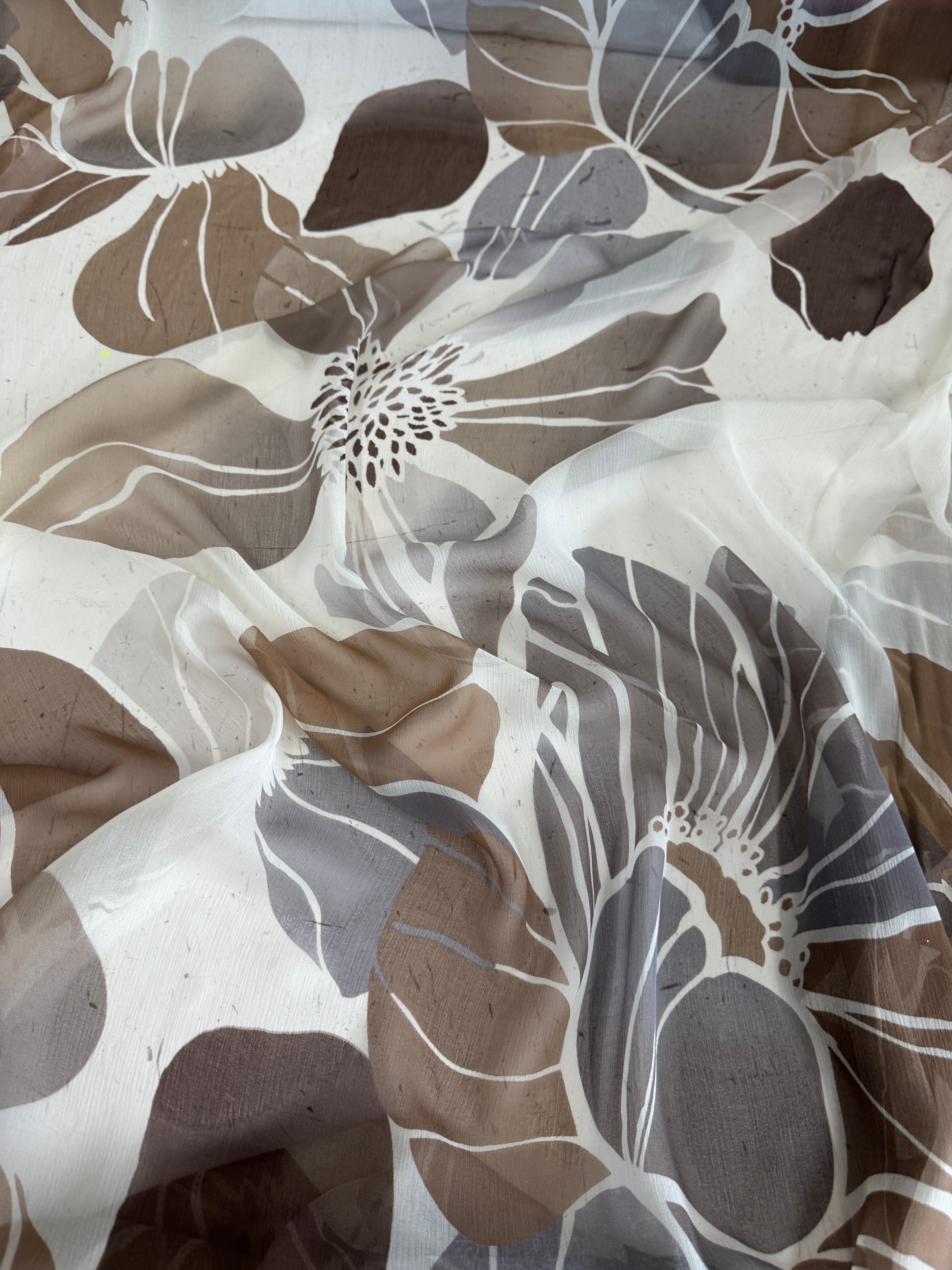 Mocha Botanical Italian Crinkle Silk Chiffon, Crinkle Silk Chiffon, Silk Chiffon Fabric, Textured Silk Chiffon, Pure Silk Chiffon, Sheer Silk Fabric, Lightweight Silk Fabric