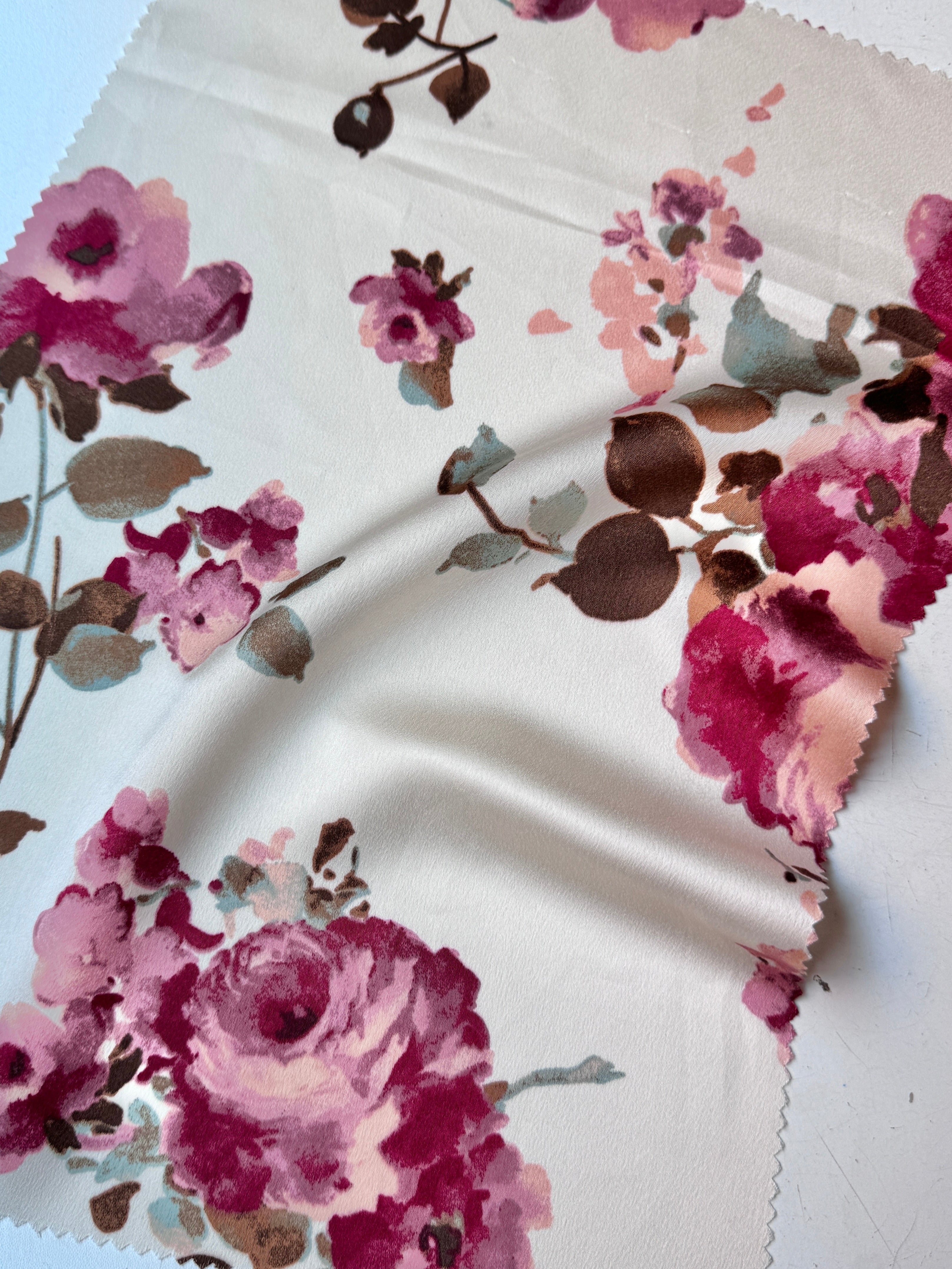 Ivory/Rose Floral Print Satin, ivory floral print Satin, rose Printed Satin, best quality Printed Satin, Printed Satin for bridal wear, Printed Satin for party wear, Printed Satin in low price, premium Printed Satin