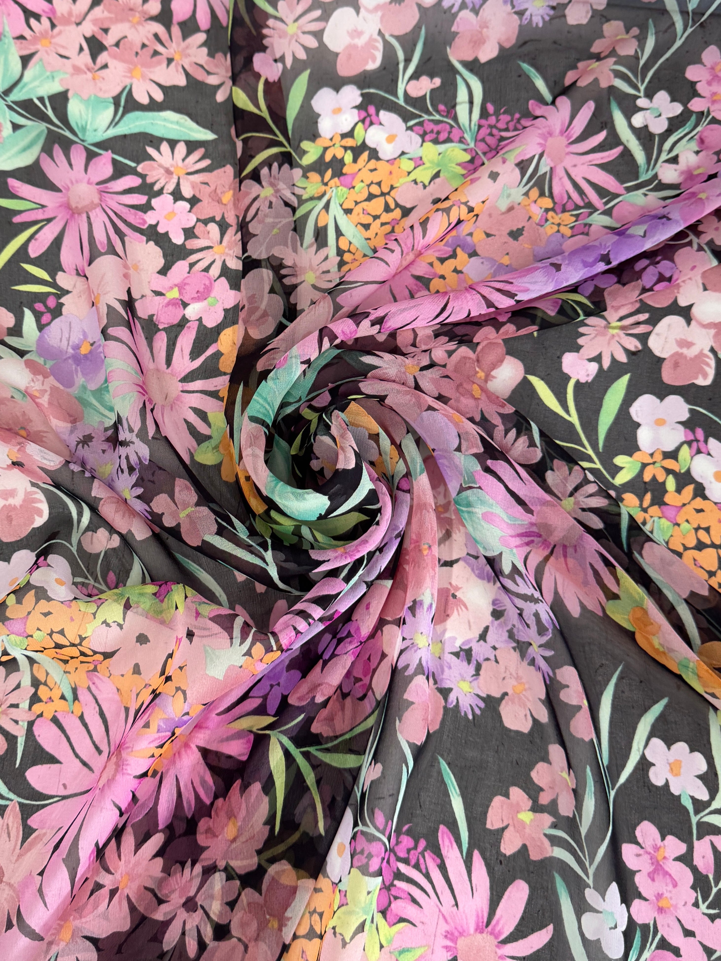 Spring Floral Silk Chiffon, Silk Chiffon Fabric, Pure Silk Chiffon, Luxury Silk Fabric, Lightweight Silk Fabric, Sheer Silk Fabric, Designer Silk Fabric, High End Silk Fabric