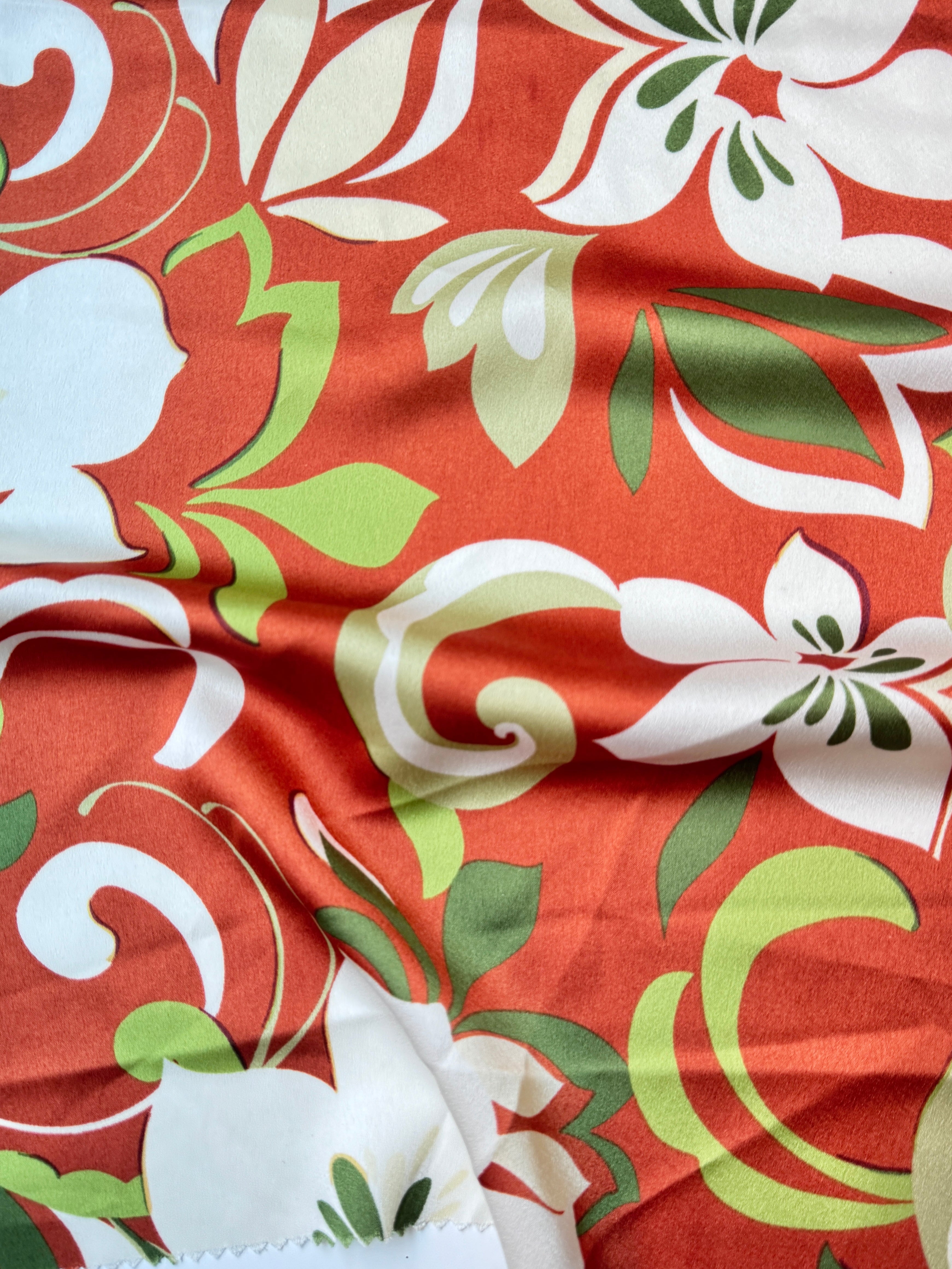 rust Floral Print Satin, dark orange floral print Satin, orange Printed Satin, best quality Printed Satin, Printed Satin for bridal wear, Printed Satin for party wear, Printed Satin in low price, premium Printed Satin