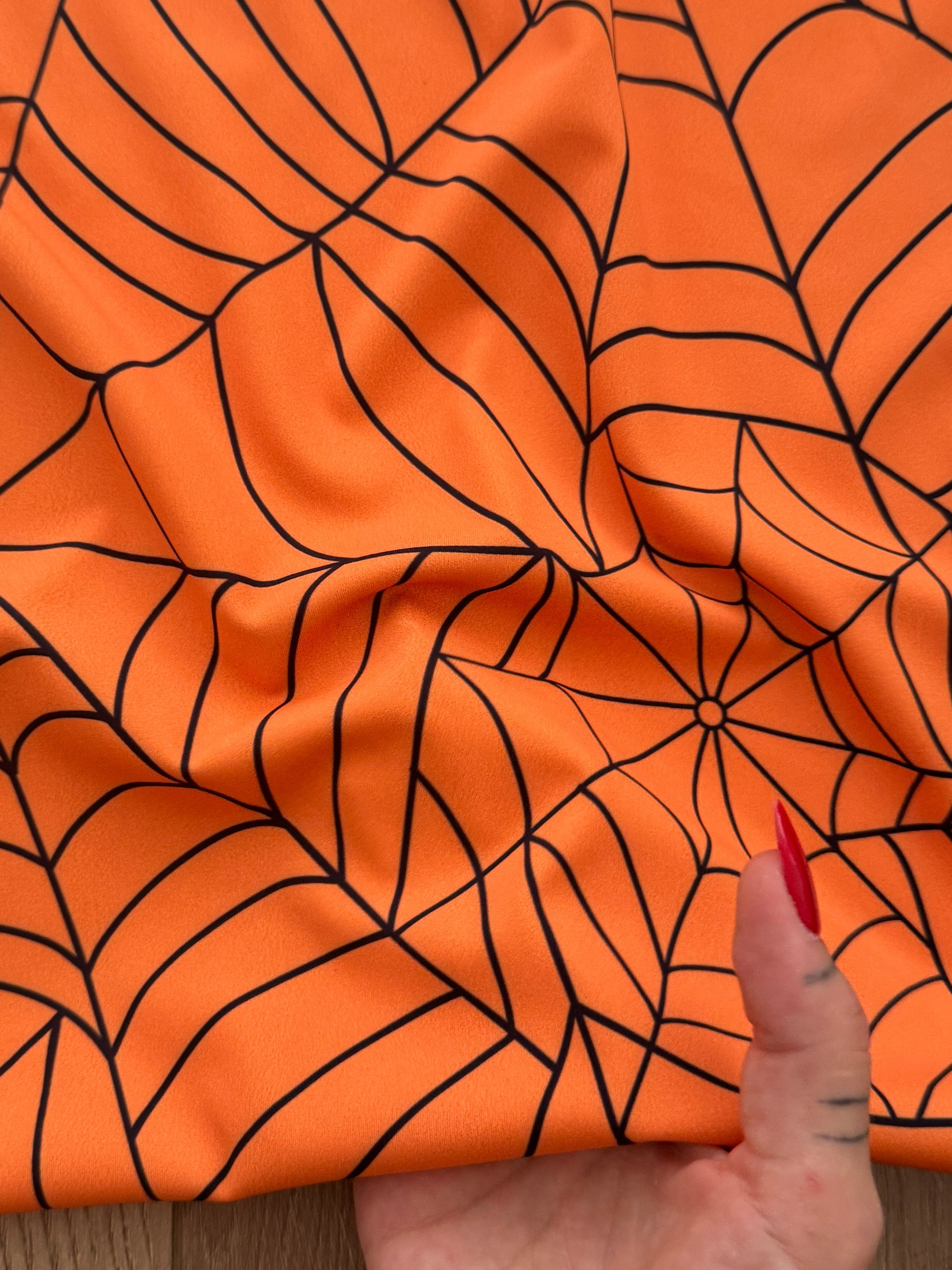 Orange Spider Web Print Nylon Spandex, Halloween Spandex, Halloween Fabric, Spandex Fabric, Nylon Spandex, Stretch Fabric, 4 Way Stretch, Spooky Fabric