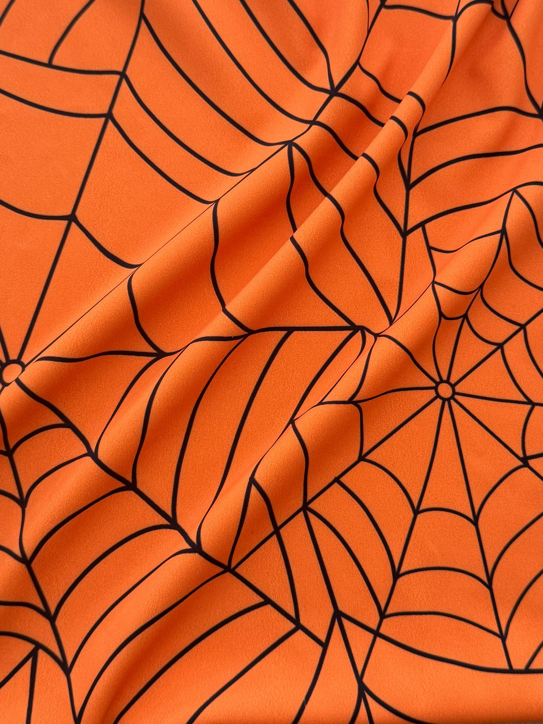 Orange Spider Web Print Nylon Spandex, Halloween Spandex, Halloween Fabric, Spandex Fabric, Nylon Spandex, Stretch Fabric, 4 Way Stretch, Spooky Fabric