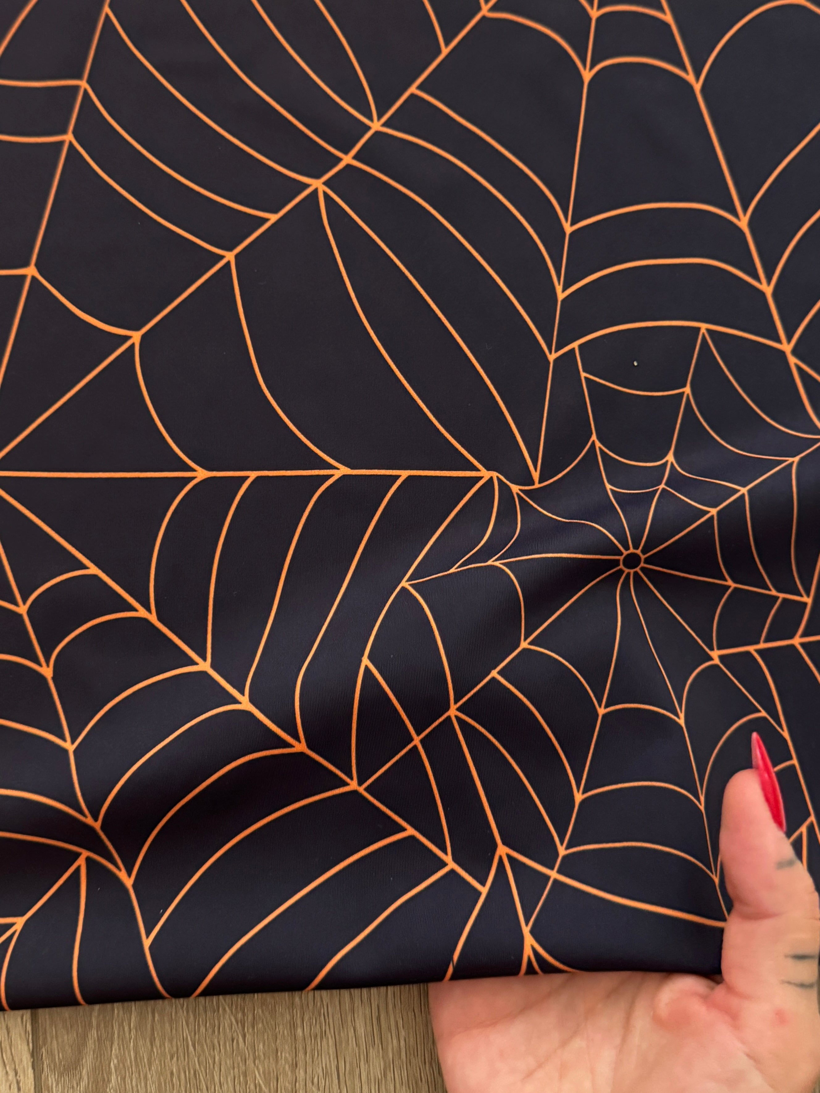 Black Orange Spider Web Design Print Nylon Spandex, Kiki Sewing Store, Kiki Luxury Fabric, Cheap Fabric Store, Kiki Textiles, Kiki Textile by the Yard, Kiki Textile USA