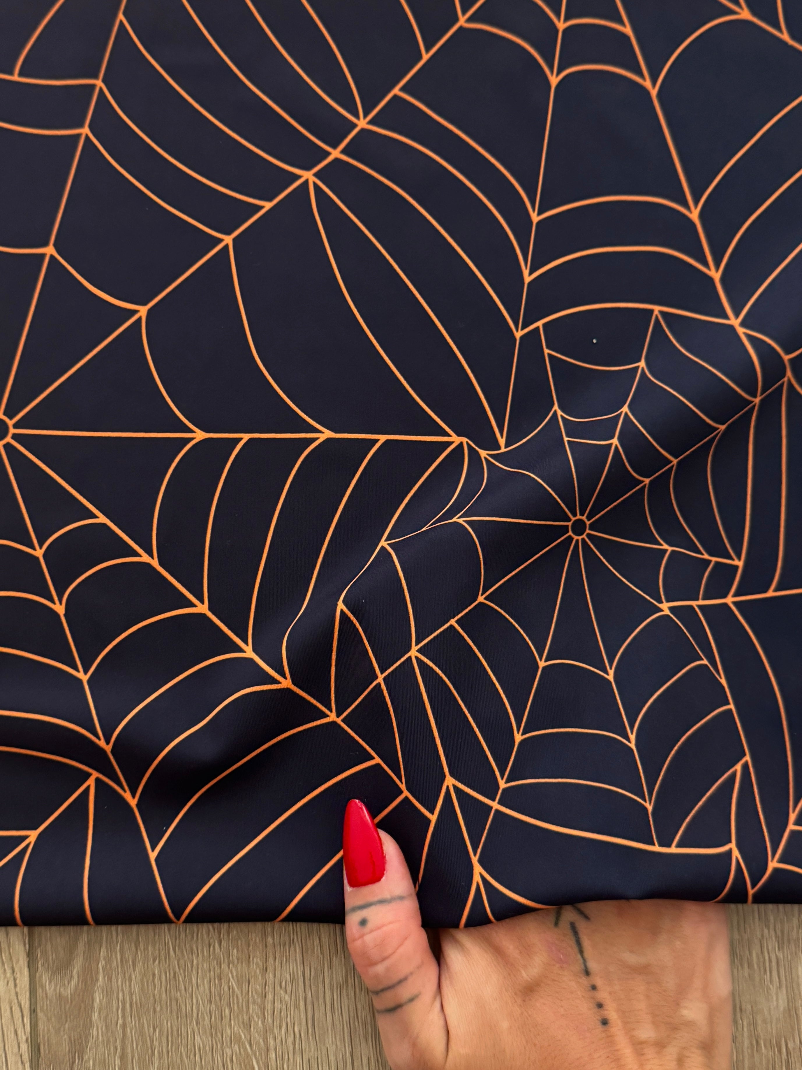 Black Orange Spider Web Design Print Nylon Spandex, Kiki Sewing Store, Kiki Luxury Fabric, Cheap Fabric Store, Kiki Textiles, Kiki Textile by the Yard, Kiki Textile USA