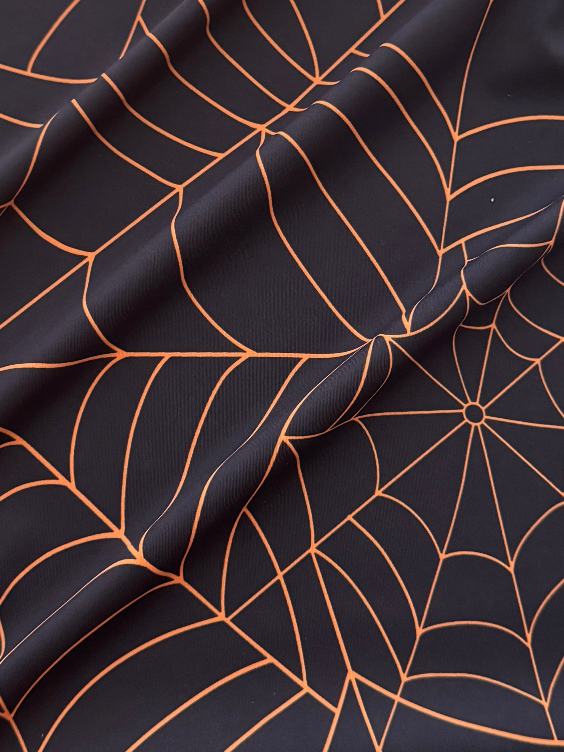 Black Orange Spider Web Design Print Nylon Spandex, Kiki Sewing Store, Kiki Luxury Fabric, Cheap Fabric Store, Kiki Textiles, Kiki Textile by the Yard, Kiki Textile USA