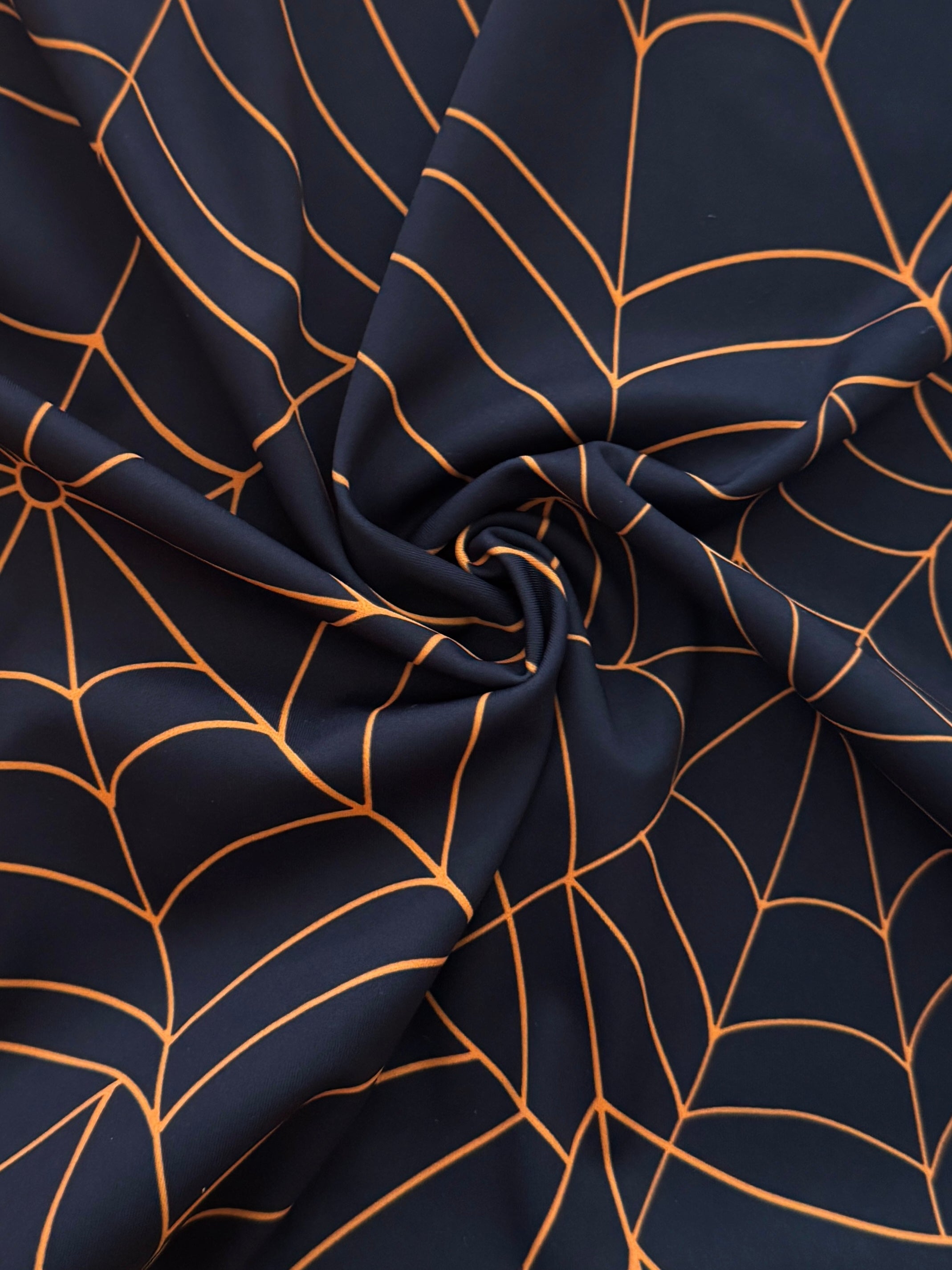 Black Orange Spider Web Design Print Nylon Spandex, Halloween Spandex, Halloween Fabric, Spandex Fabric, Nylon Spandex, Stretch Fabric, 4 Way Stretch, Spooky Fabric
