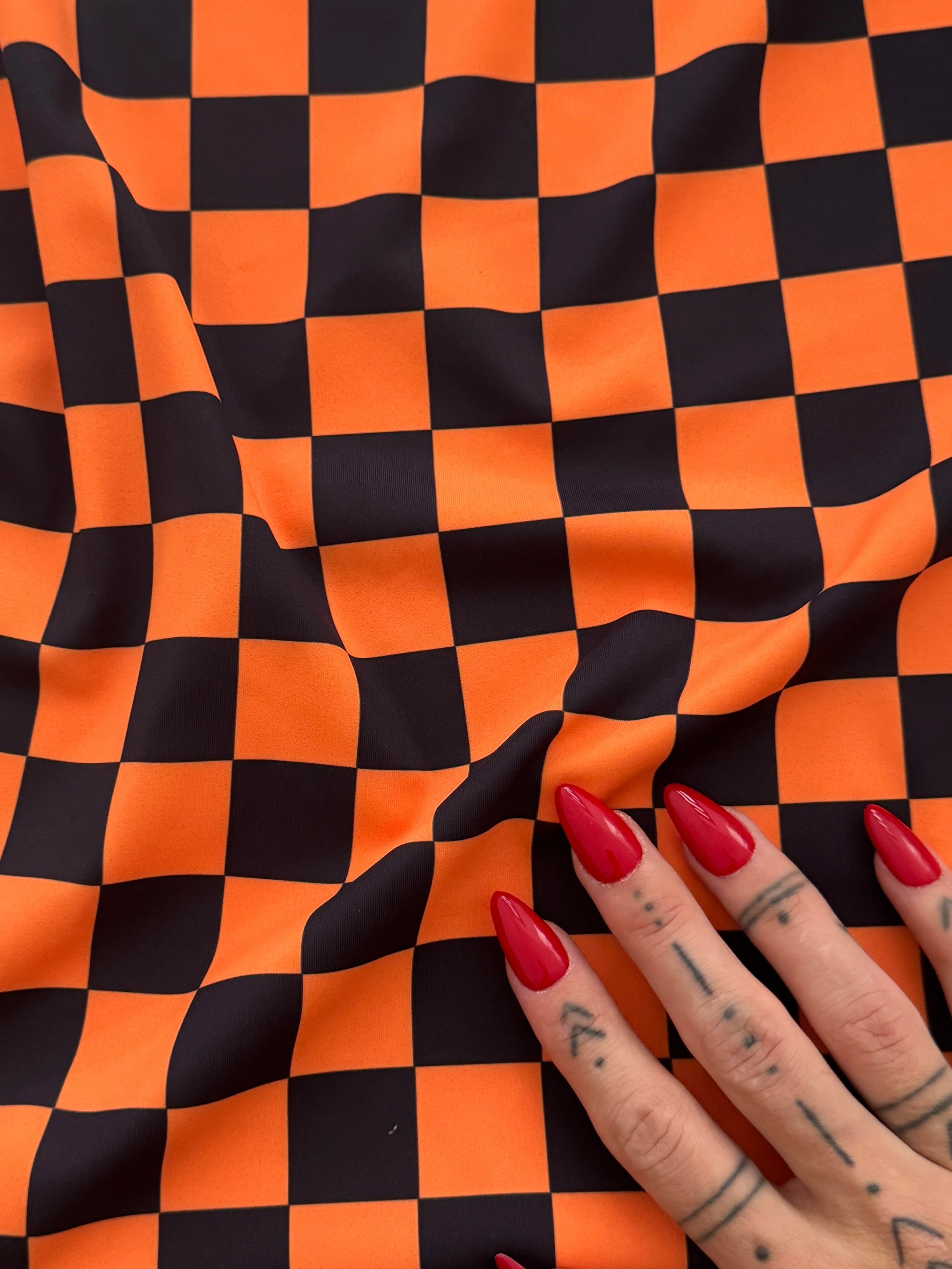 Orange Black 1 Inch Checkered Print Nylon Spandex, Kiki Sewing Store, Kiki Luxury Fabric, Cheap Fabric Store, Kiki Textiles, Kiki Textile by the Yard, Kiki Textile USA