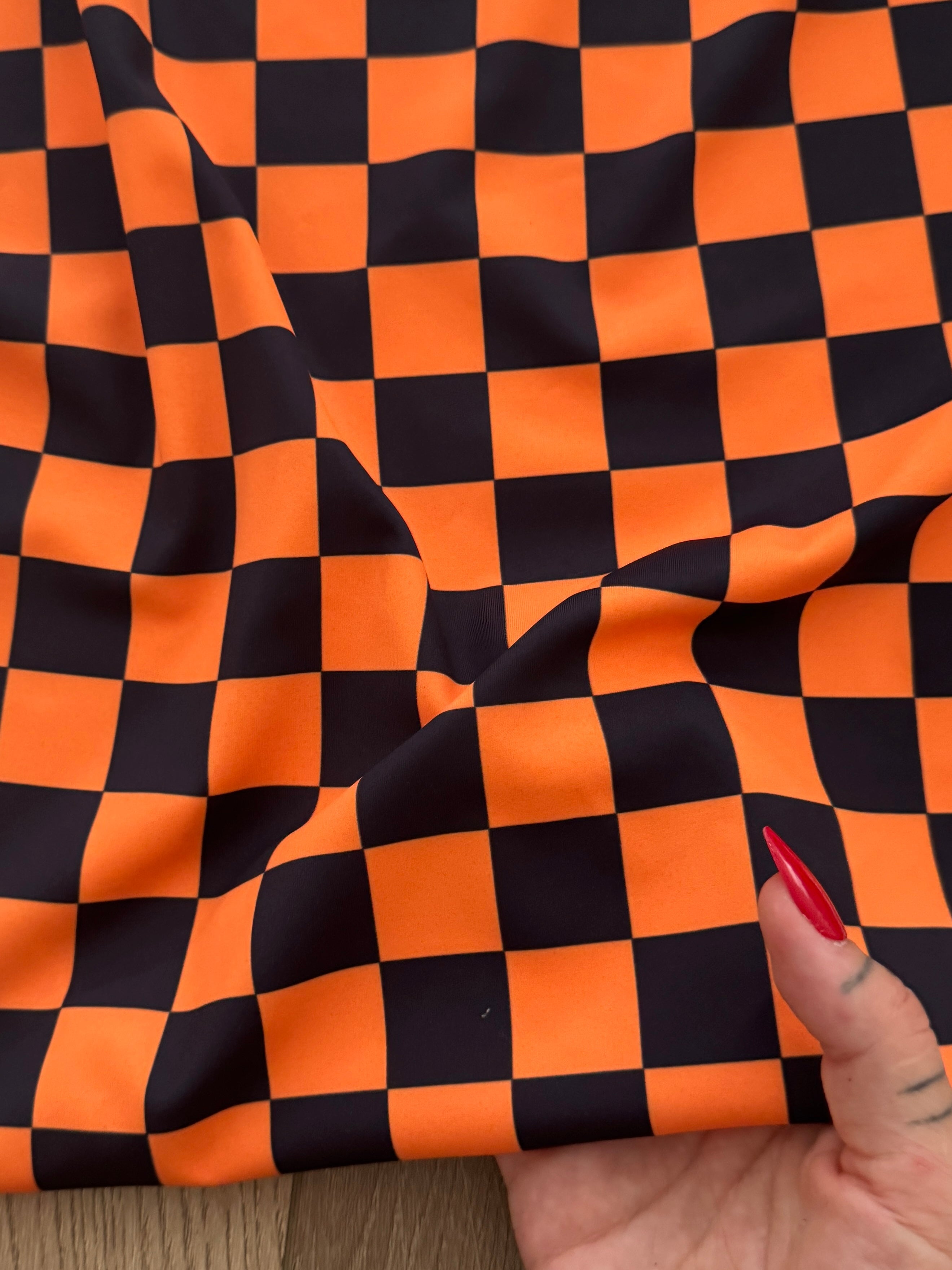 Orange Black 1 Inch Checkered Print Nylon Spandex, Halloween Spandex, Halloween Fabric, Spandex Fabric, Nylon Spandex, Stretch Fabric, 4 Way Stretch, Spooky Fabric