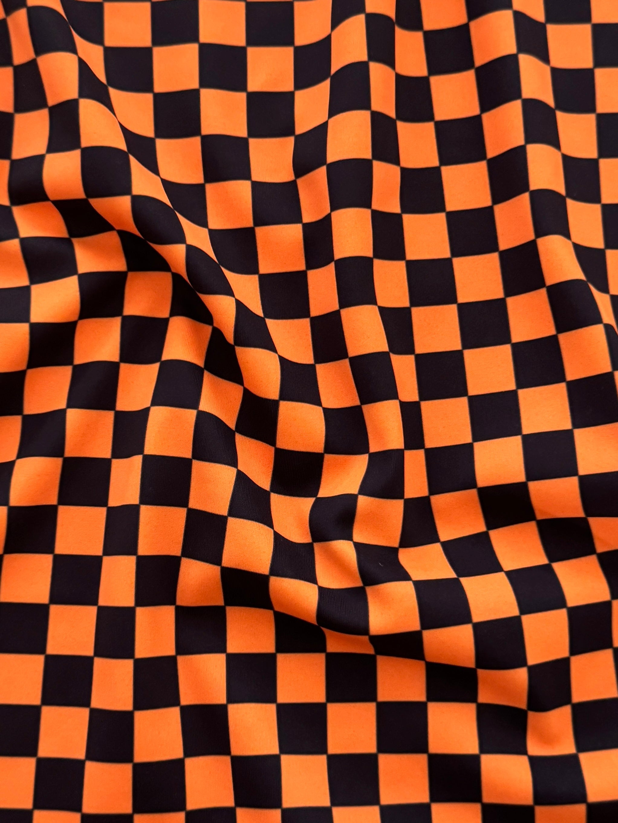 Black Orange 1-2 Inch Checkered Print Nylon Spandex, Halloween Spandex, Halloween Fabric, Spandex Fabric, Nylon Spandex, Stretch Fabric, 4 Way Stretch, Spooky Fabric