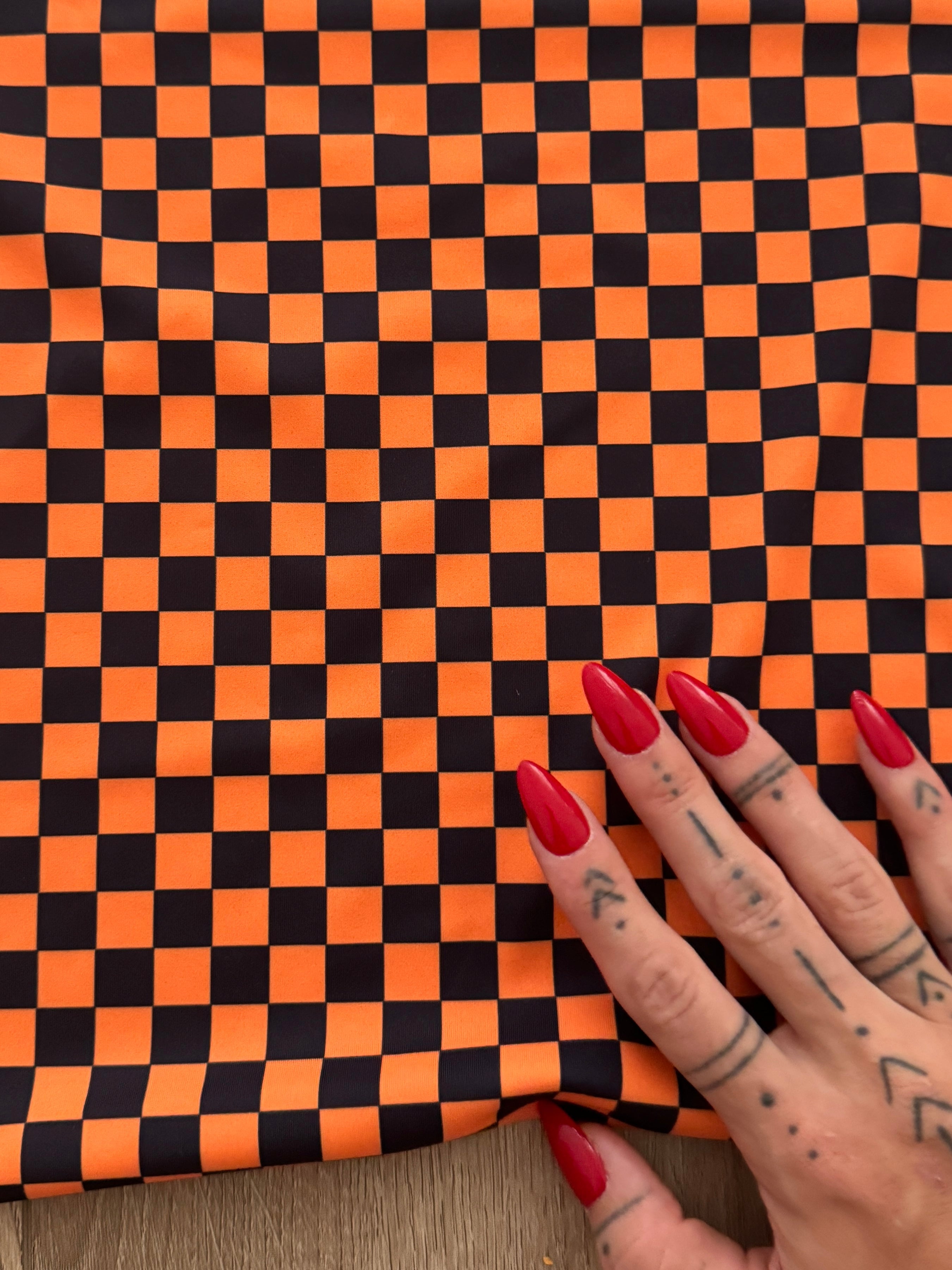 Black Orange 1-2 Inch Checkered Print Nylon Spandex, Kiki Sewing Store, Kiki Luxury Fabric, Cheap Fabric Store, Kiki Textiles, Kiki Textile by the Yard, Kiki Textile USA