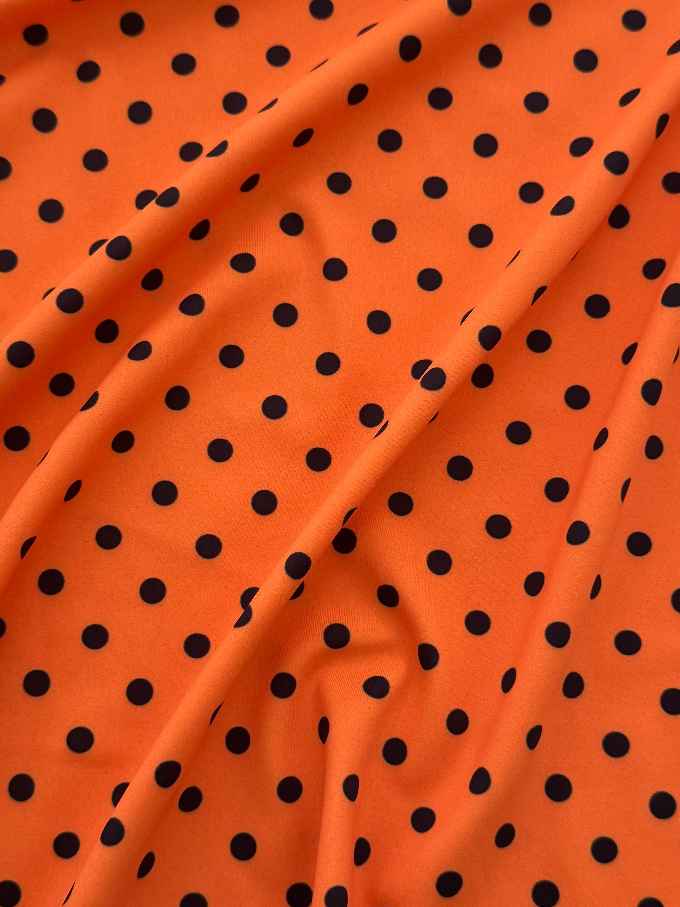 Black on Orange Mini Polka Dot Print Nylon Spandex, Halloween Spandex, Halloween Fabric, Spandex Fabric, Nylon Spandex, Stretch Fabric, 4 Way Stretch, Spooky Fabric
