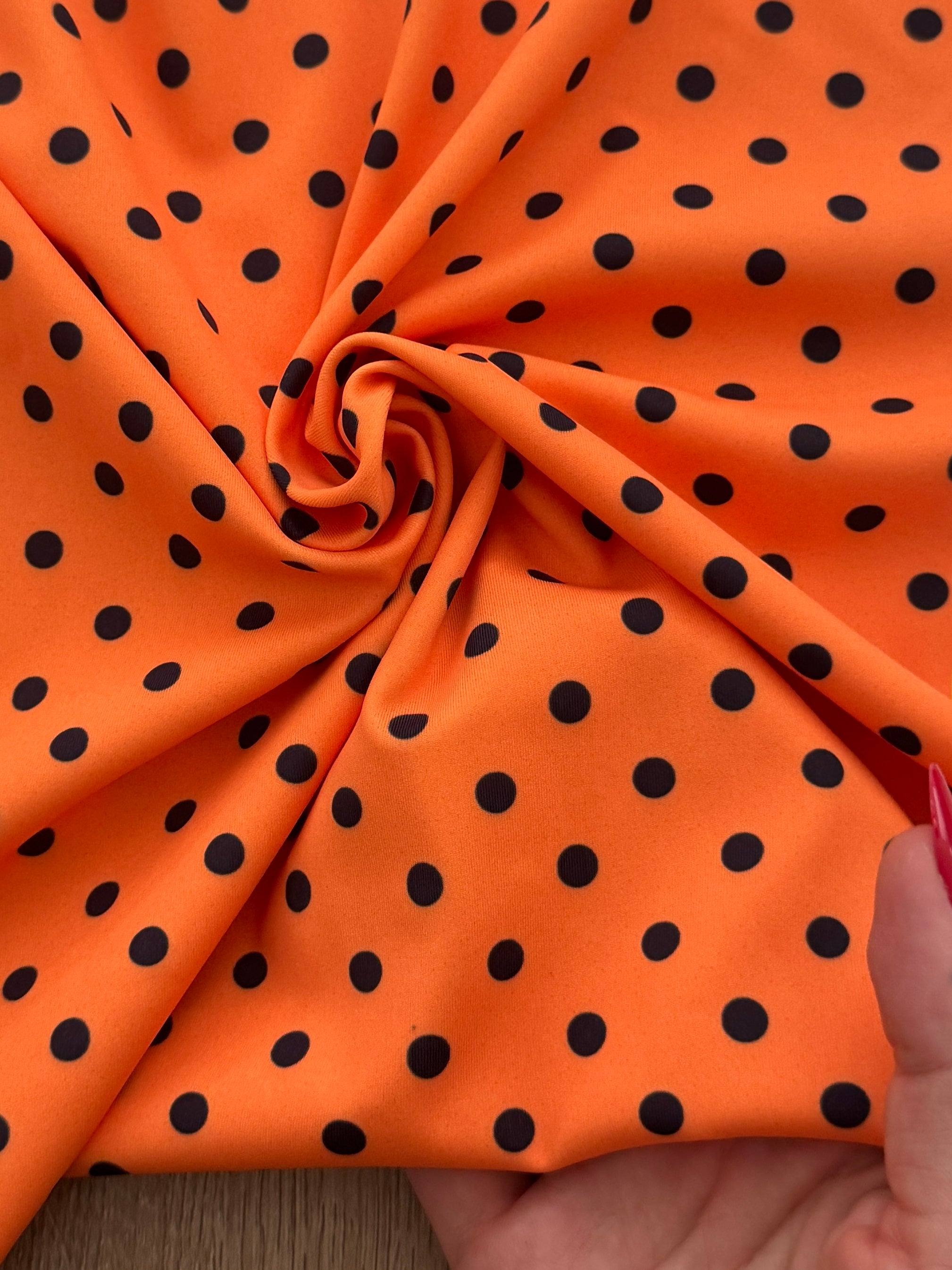 Black on Orange Mini Polka Dot Print Nylon Spandex, Kiki Sewing Store, Kiki Luxury Fabric, Cheap Fabric Store, Kiki Textiles, Kiki Textile by the Yard, Kiki Textile USA