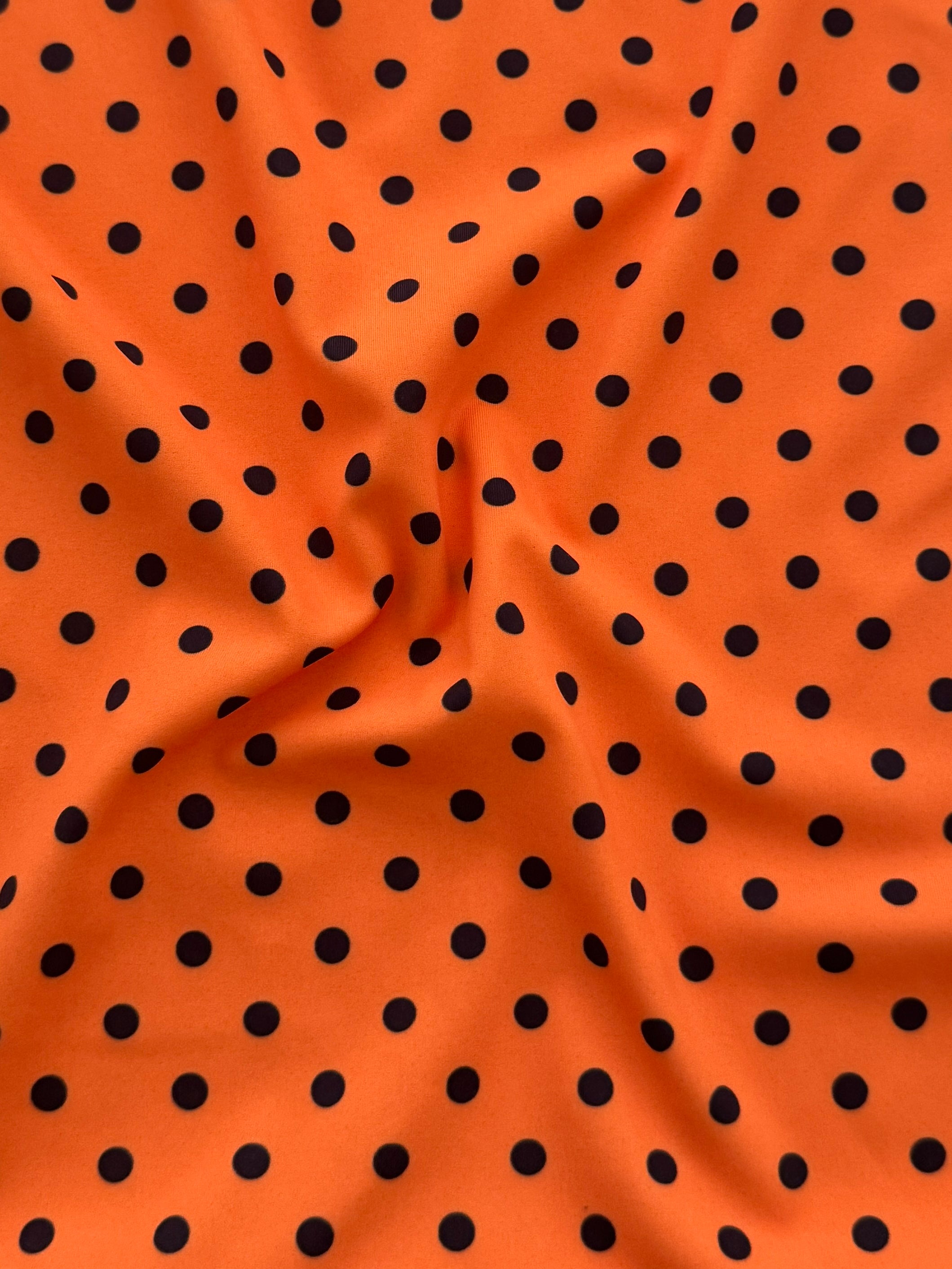 Black on Orange Mini Polka Dot Print Nylon Spandex, Halloween Spandex, Halloween Fabric, Spandex Fabric, Nylon Spandex, Stretch Fabric, 4 Way Stretch, Spooky Fabric