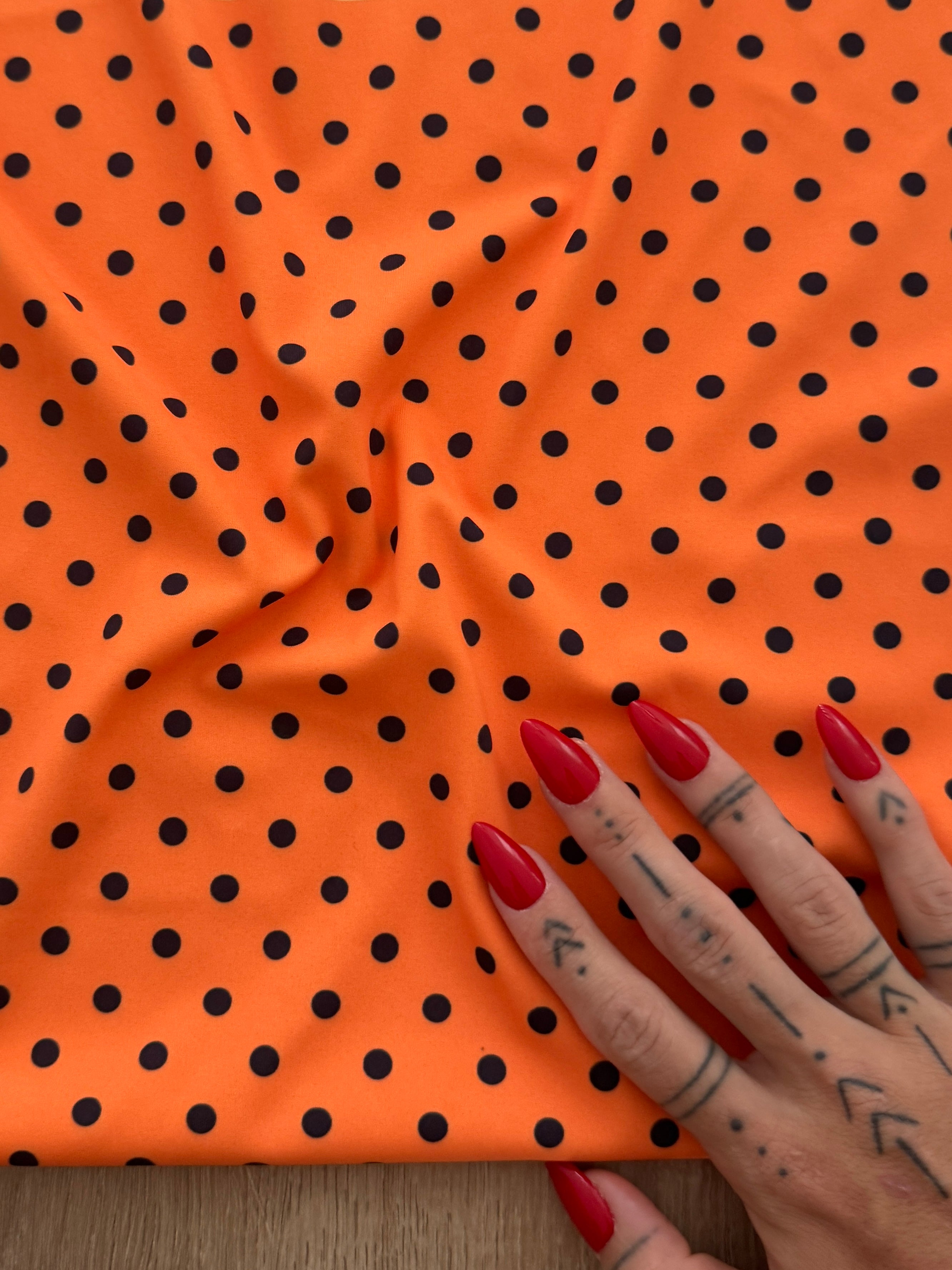 Black on Orange Mini Polka Dot Print Nylon Spandex, Kiki Sewing Store, Kiki Luxury Fabric, Cheap Fabric Store, Kiki Textiles, Kiki Textile by the Yard, Kiki Textile USA