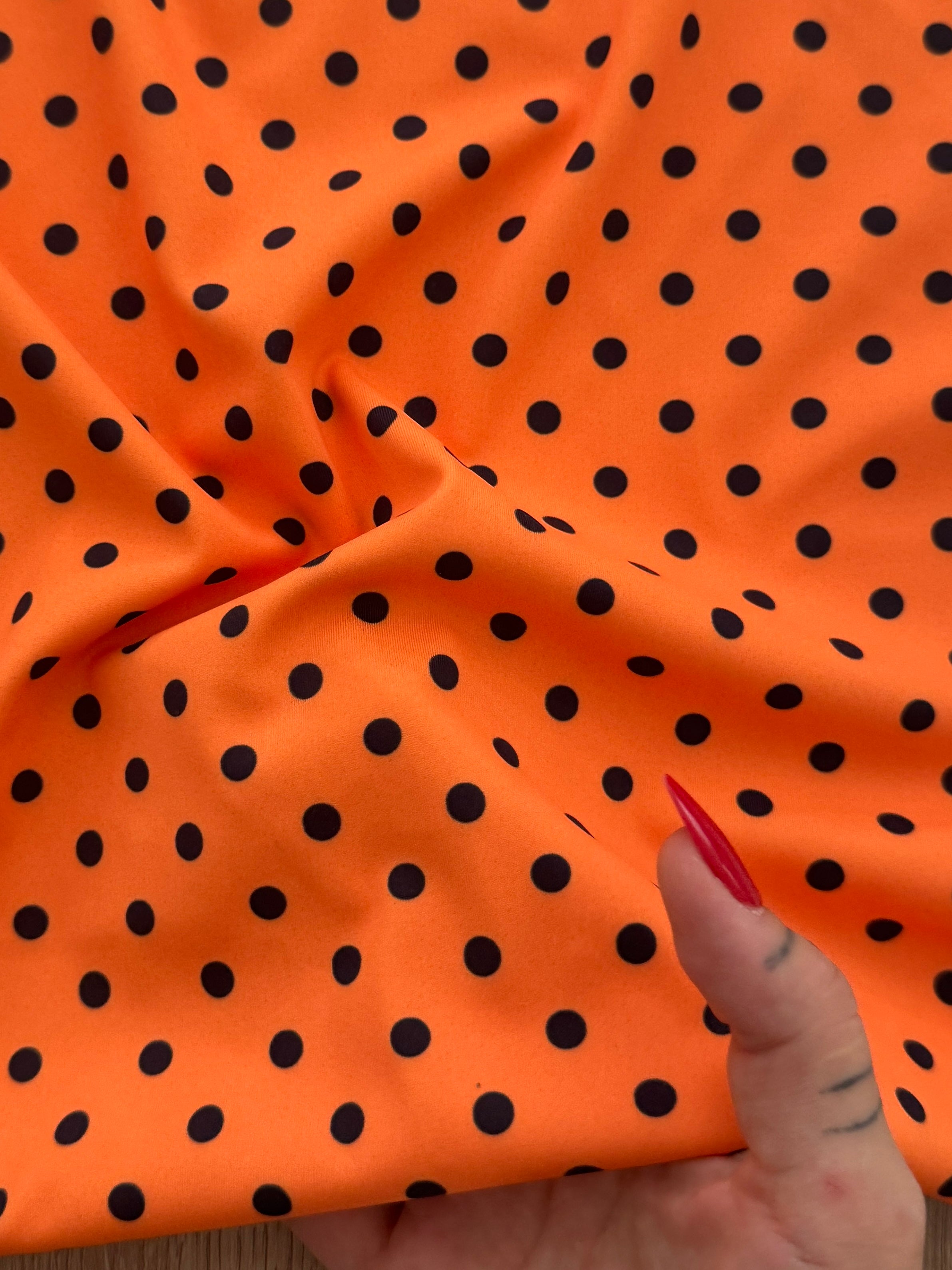Black on Orange Mini Polka Dot Print Nylon Spandex, Kiki Sewing Store, Kiki Luxury Fabric, Cheap Fabric Store, Kiki Textiles, Kiki Textile by the Yard, Kiki Textile USA
