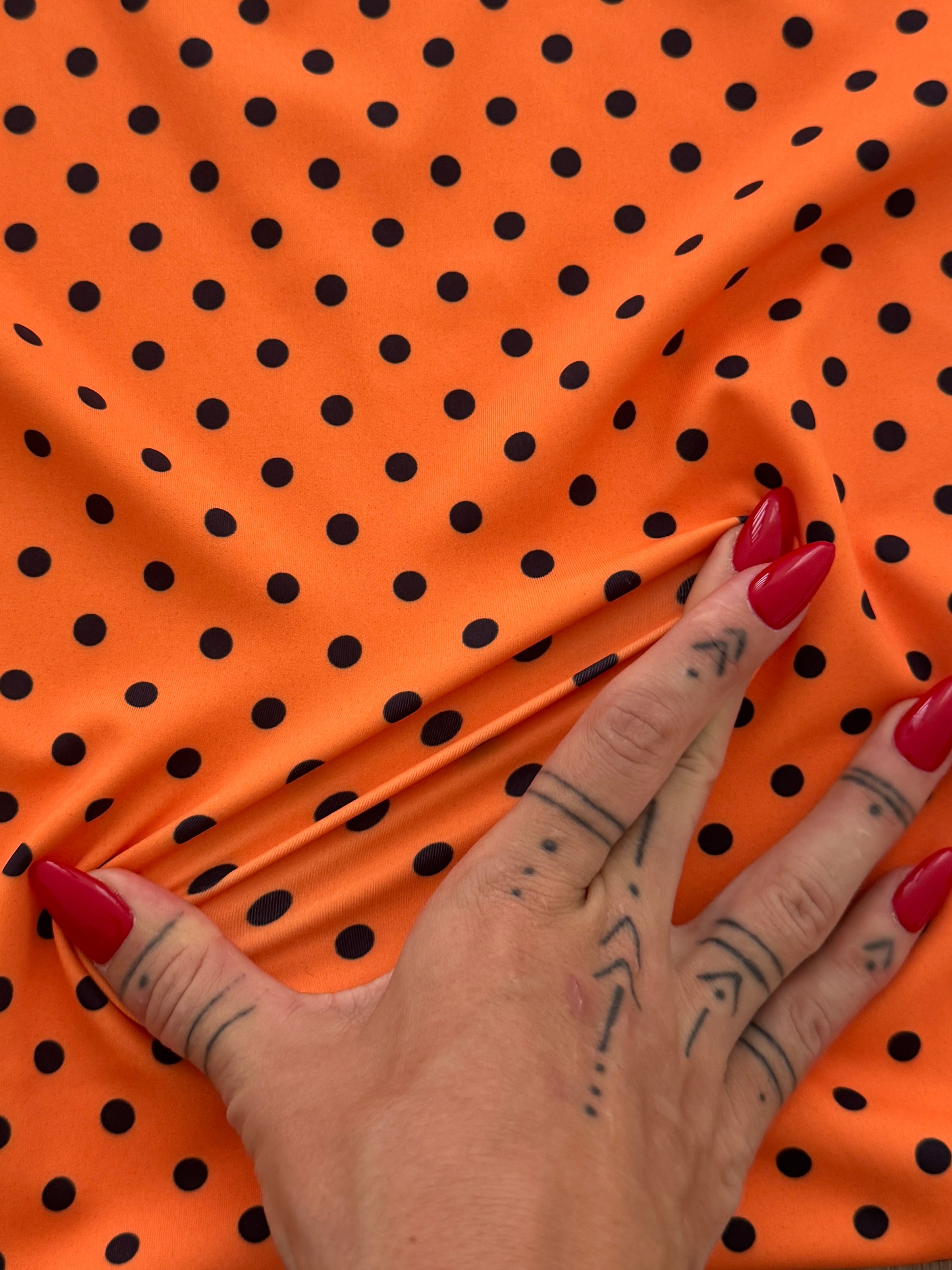 Black on Orange Mini Polka Dot Print Nylon Spandex, Kiki Sewing Store, Kiki Luxury Fabric, Cheap Fabric Store, Kiki Textiles, Kiki Textile by the Yard, Kiki Textile USA
