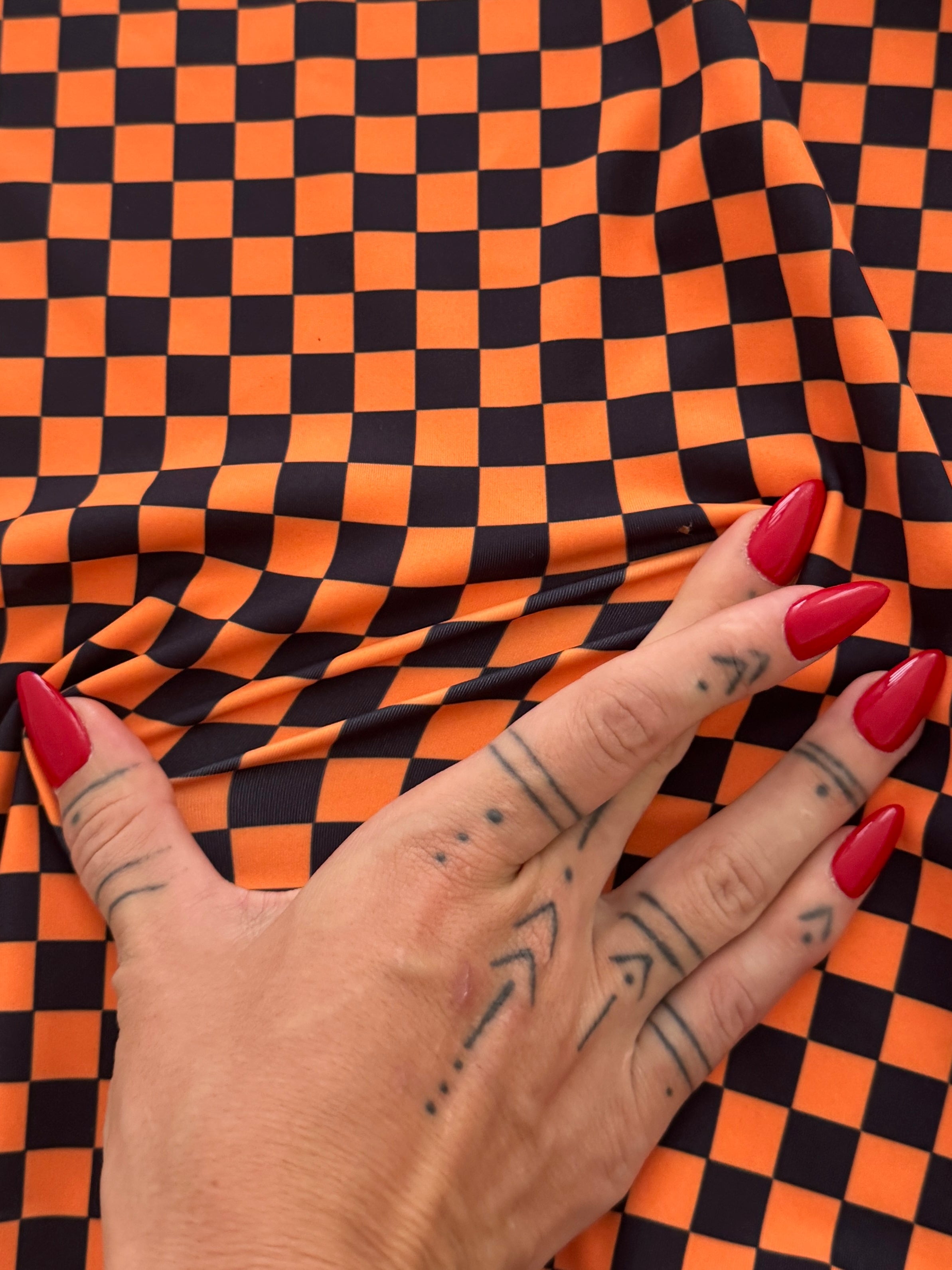 Black Orange 1-2 Inch Checkered Print Nylon Spandex, Kiki Sewing Store, Kiki Luxury Fabric, Cheap Fabric Store, Kiki Textiles, Kiki Textile by the Yard, Kiki Textile USA