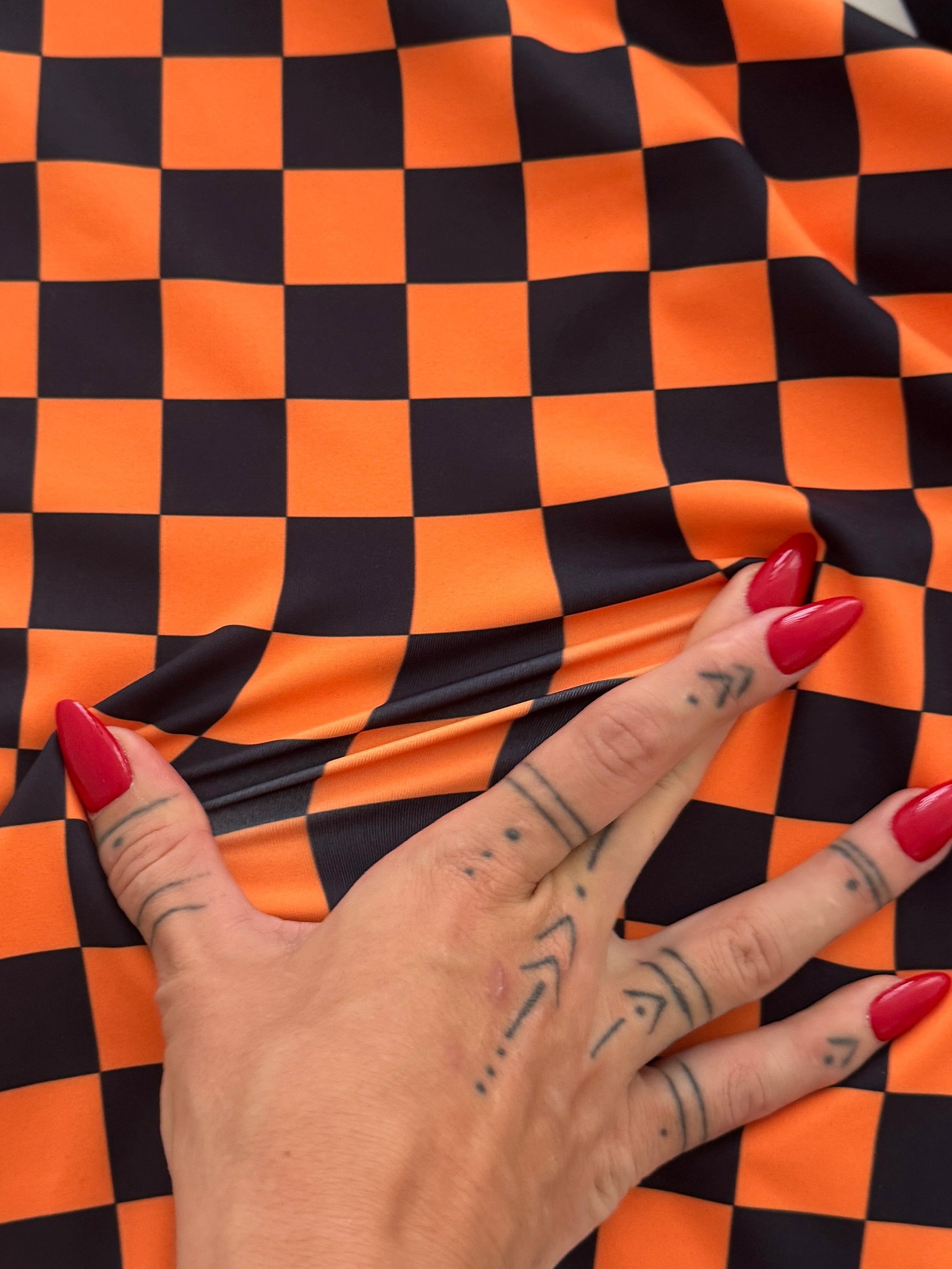Orange Black 1 Inch Checkered Print Nylon Spandex, Kiki Sewing Store, Kiki Luxury Fabric, Cheap Fabric Store, Kiki Textiles, Kiki Textile by the Yard, Kiki Textile USA