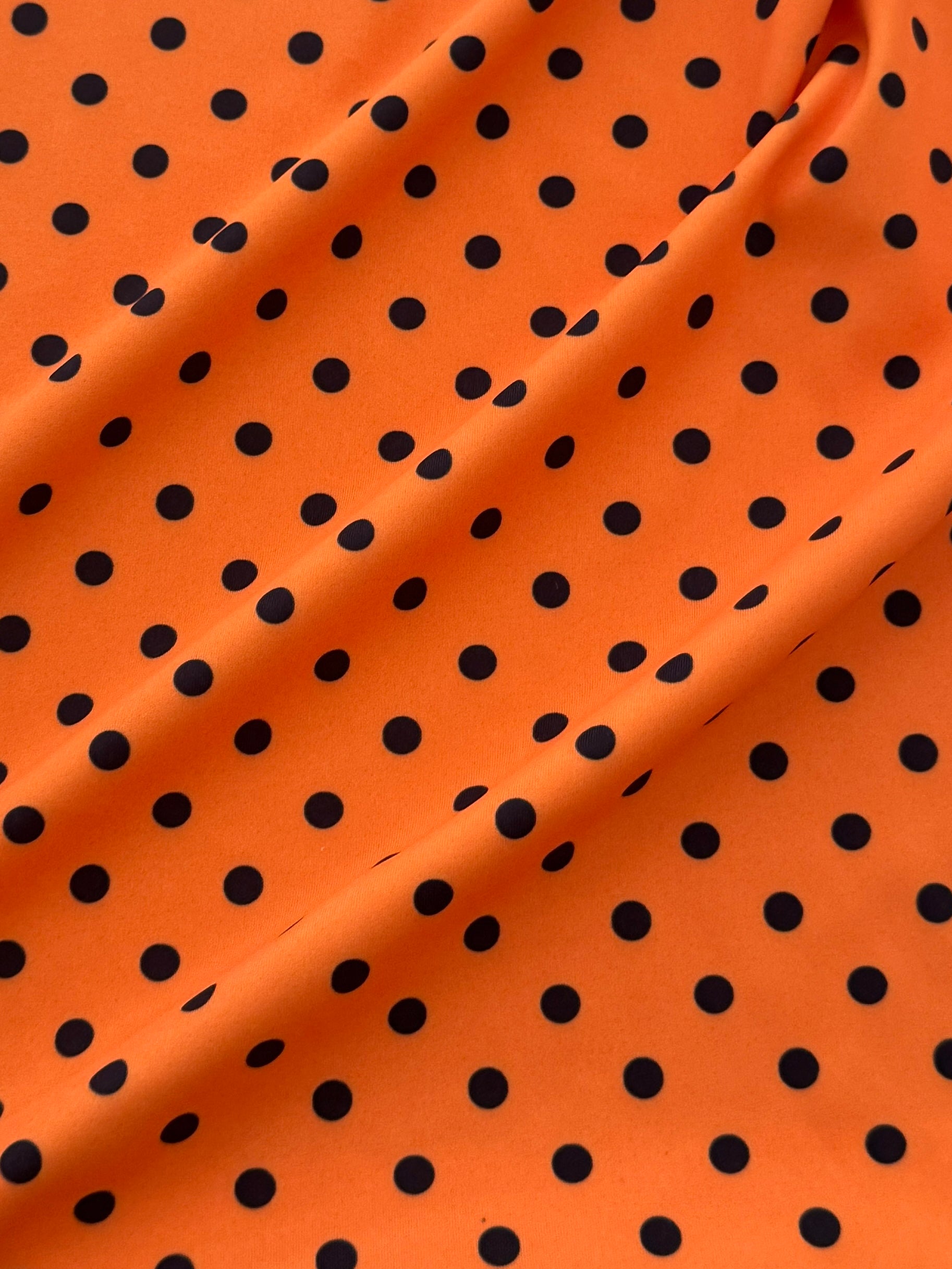 Black on Orange Mini Polka Dot Print Nylon Spandex, Halloween Spandex, Halloween Fabric, Spandex Fabric, Nylon Spandex, Stretch Fabric, 4 Way Stretch, Spooky Fabric