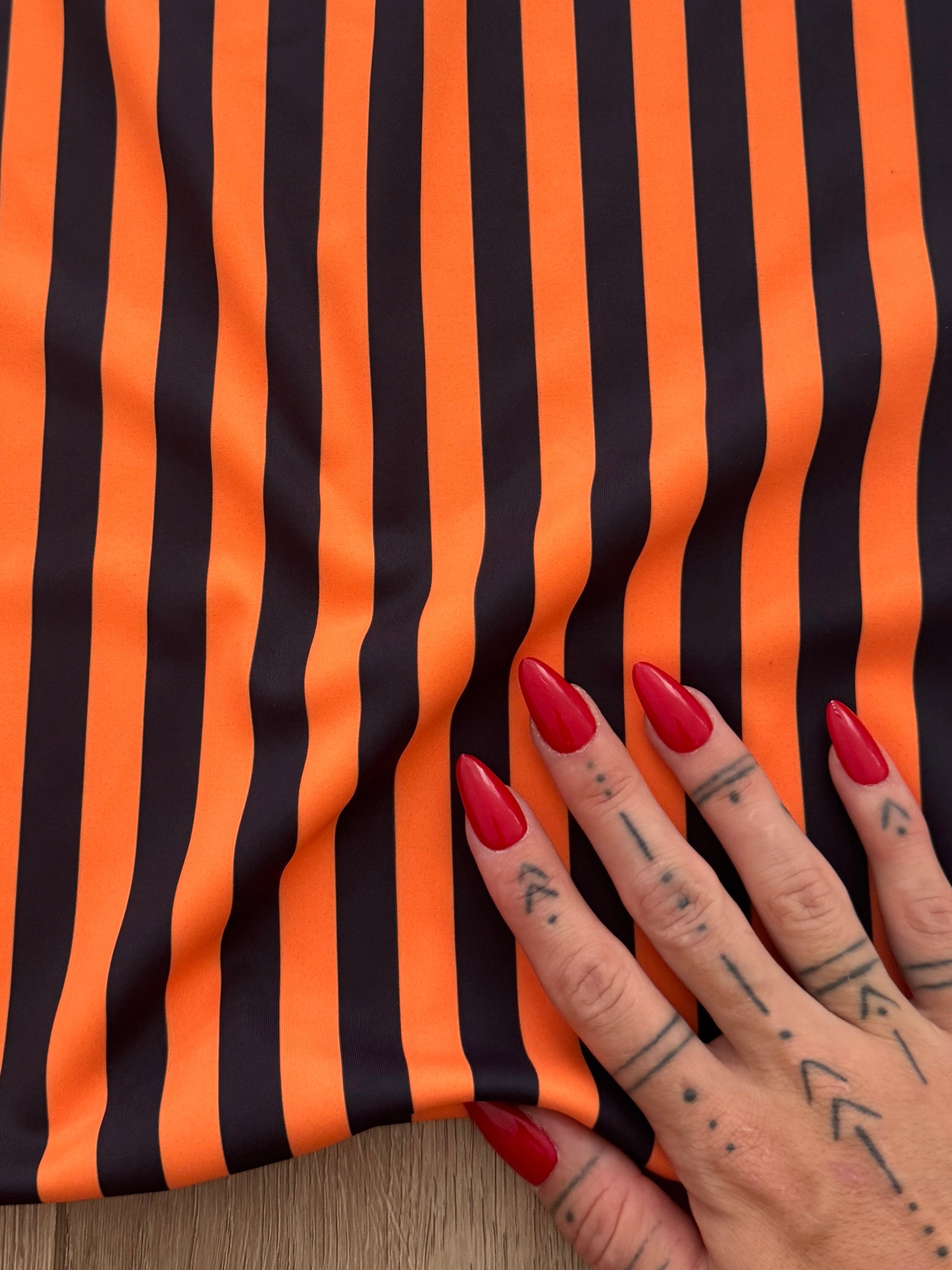 Orange 1-2 Inch Stripe Print Nylon Spandex, Halloween Spandex, Halloween Fabric, Spandex Fabric, Nylon Spandex, Stretch Fabric, 4 Way Stretch, Spooky Fabric