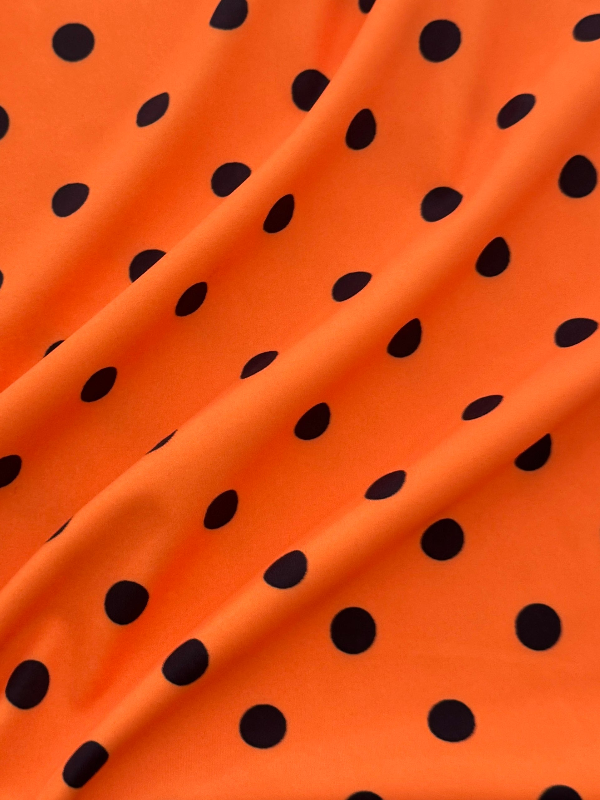 Black on Orange Polka Dot Print Nylon Spandex, Halloween Spandex, Halloween Fabric, Spandex Fabric, Nylon Spandex, Stretch Fabric, 4 Way Stretch, Spooky Fabric