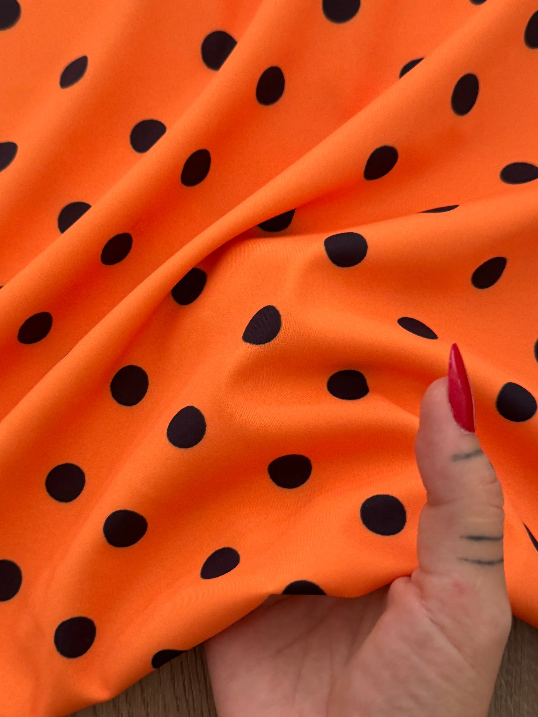 Black on Orange Polka Dot Print Nylon Spandex, Kiki Sewing Store, Kiki Luxury Fabric, Cheap Fabric Store, Kiki Textiles, Kiki Textile by the Yard, Kiki Textile USA