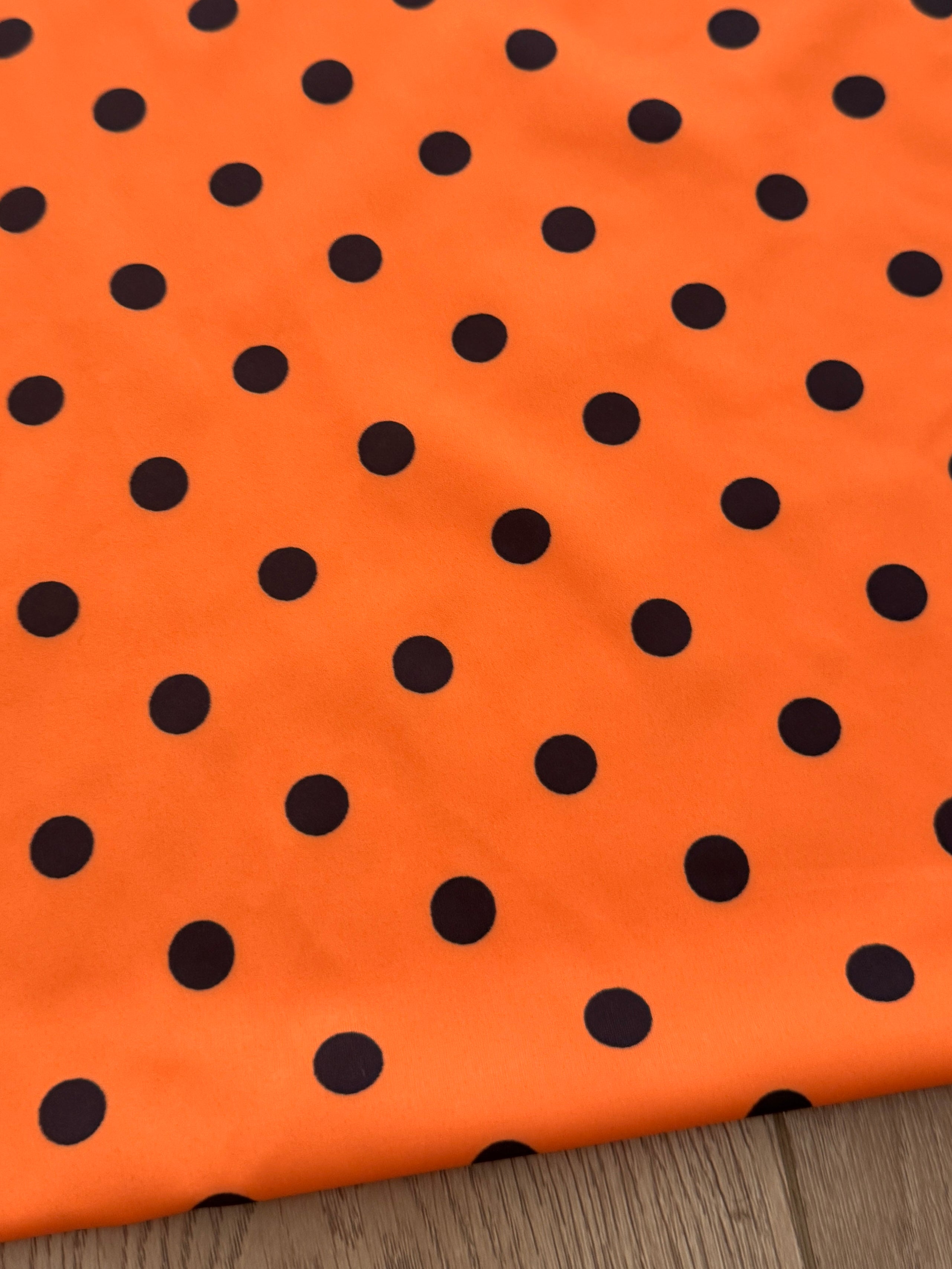 Black on Orange Polka Dot Print Nylon Spandex, Kiki Sewing Store, Kiki Luxury Fabric, Cheap Fabric Store, Kiki Textiles, Kiki Textile by the Yard, Kiki Textile USA