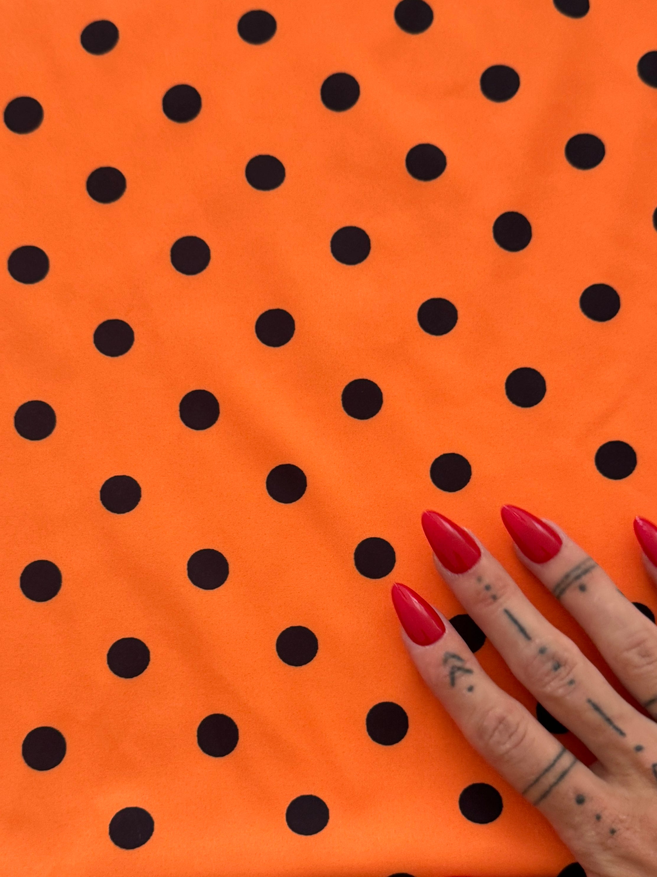Black on Orange Polka Dot Print Nylon Spandex, Kiki Sewing Store, Kiki Luxury Fabric, Cheap Fabric Store, Kiki Textiles, Kiki Textile by the Yard, Kiki Textile USA