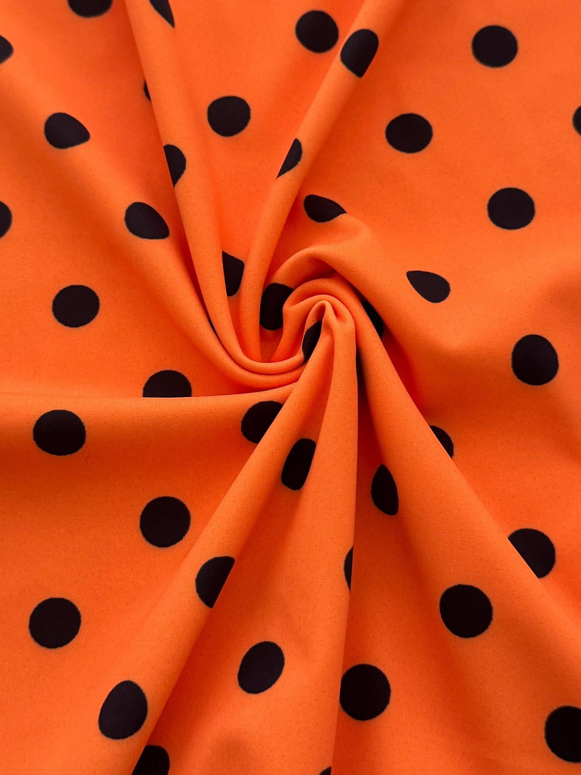 Black on Orange Polka Dot Print Nylon Spandex, Halloween Spandex, Halloween Fabric, Spandex Fabric, Nylon Spandex, Stretch Fabric, 4 Way Stretch, Spooky Fabric