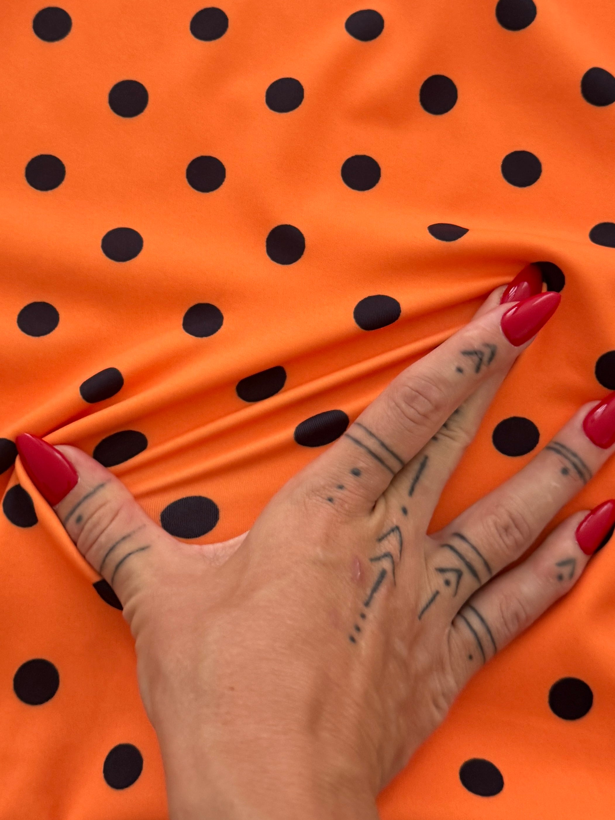 Black on Orange Polka Dot Print Nylon Spandex, Kiki Sewing Store, Kiki Luxury Fabric, Cheap Fabric Store, Kiki Textiles, Kiki Textile by the Yard, Kiki Textile USA
