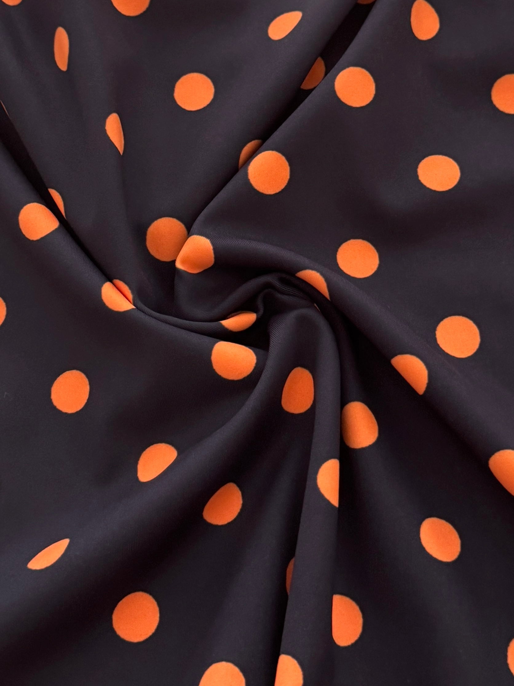 Orange on Black Polka Dot Print Nylon Spandex, Halloween Spandex, Halloween Fabric, Spandex Fabric, Nylon Spandex, Stretch Fabric, 4 Way Stretch, Spooky Fabric