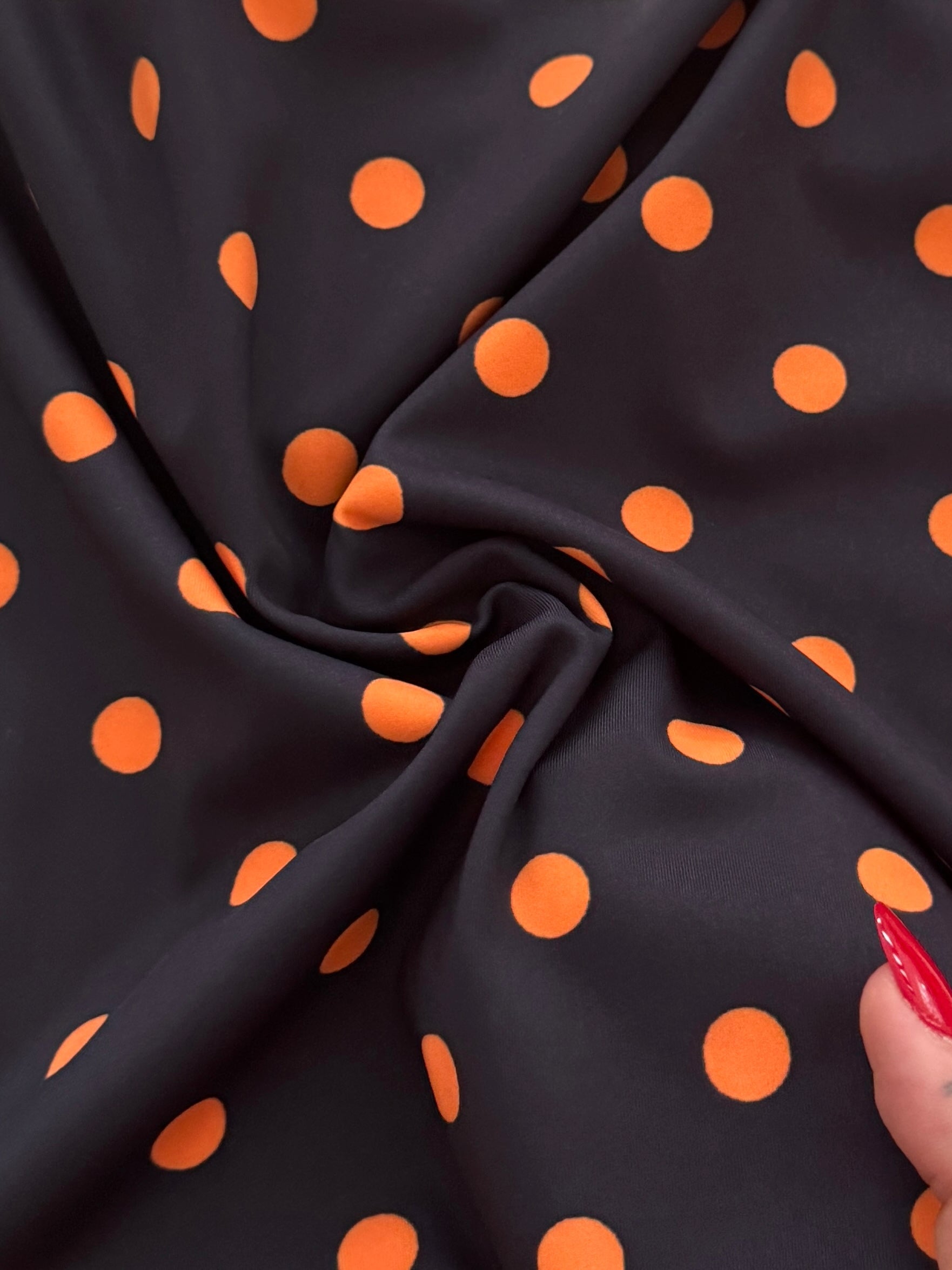 Orange on Black Polka Dot Print Nylon Spandex, Halloween Spandex, Halloween Fabric, Spandex Fabric, Nylon Spandex, Stretch Fabric, 4 Way Stretch, Spooky Fabric