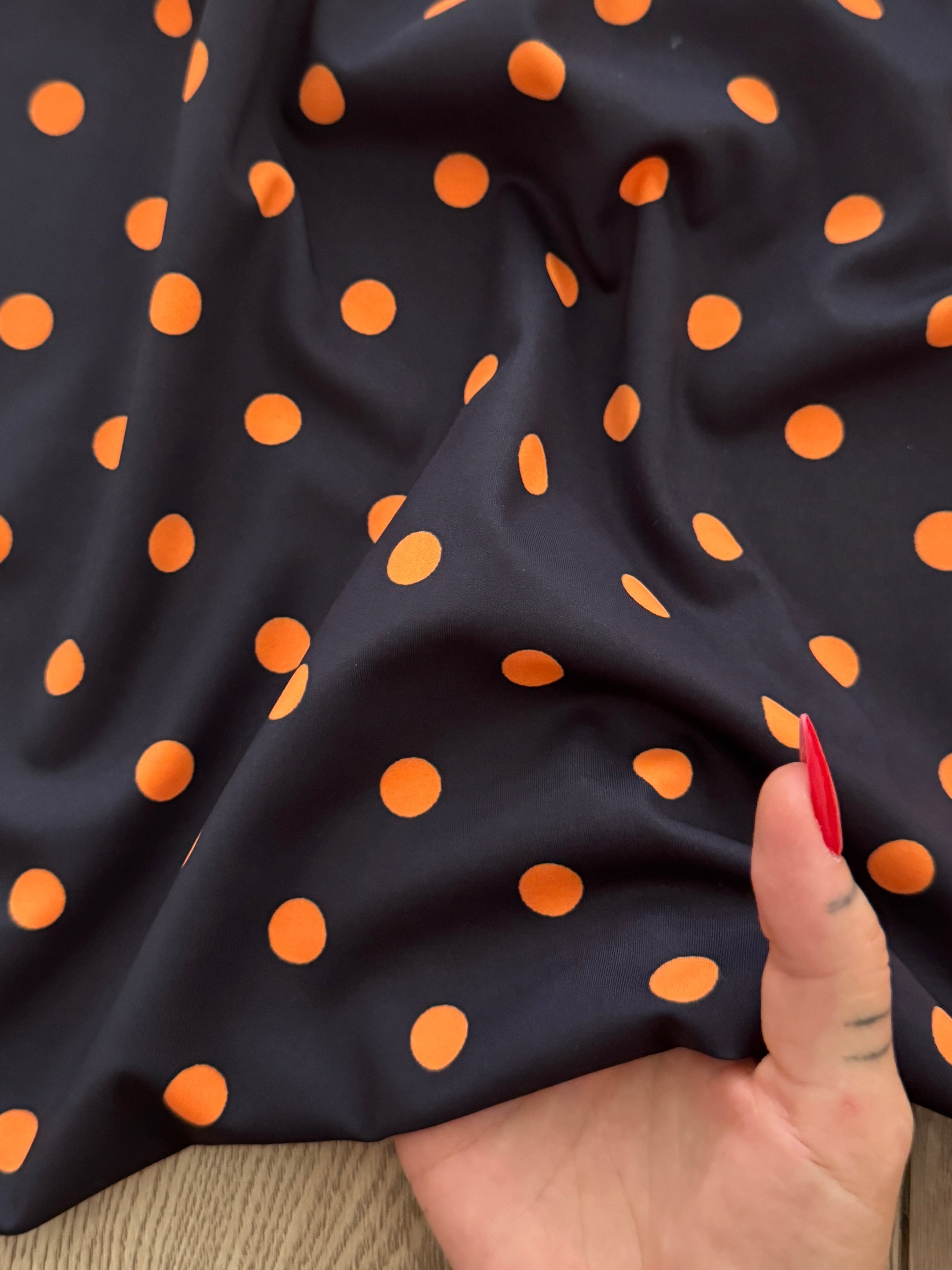 Orange on Black Polka Dot Print Nylon Spandex, Halloween Spandex, Halloween Fabric, Spandex Fabric, Nylon Spandex, Stretch Fabric, 4 Way Stretch, Spooky Fabric