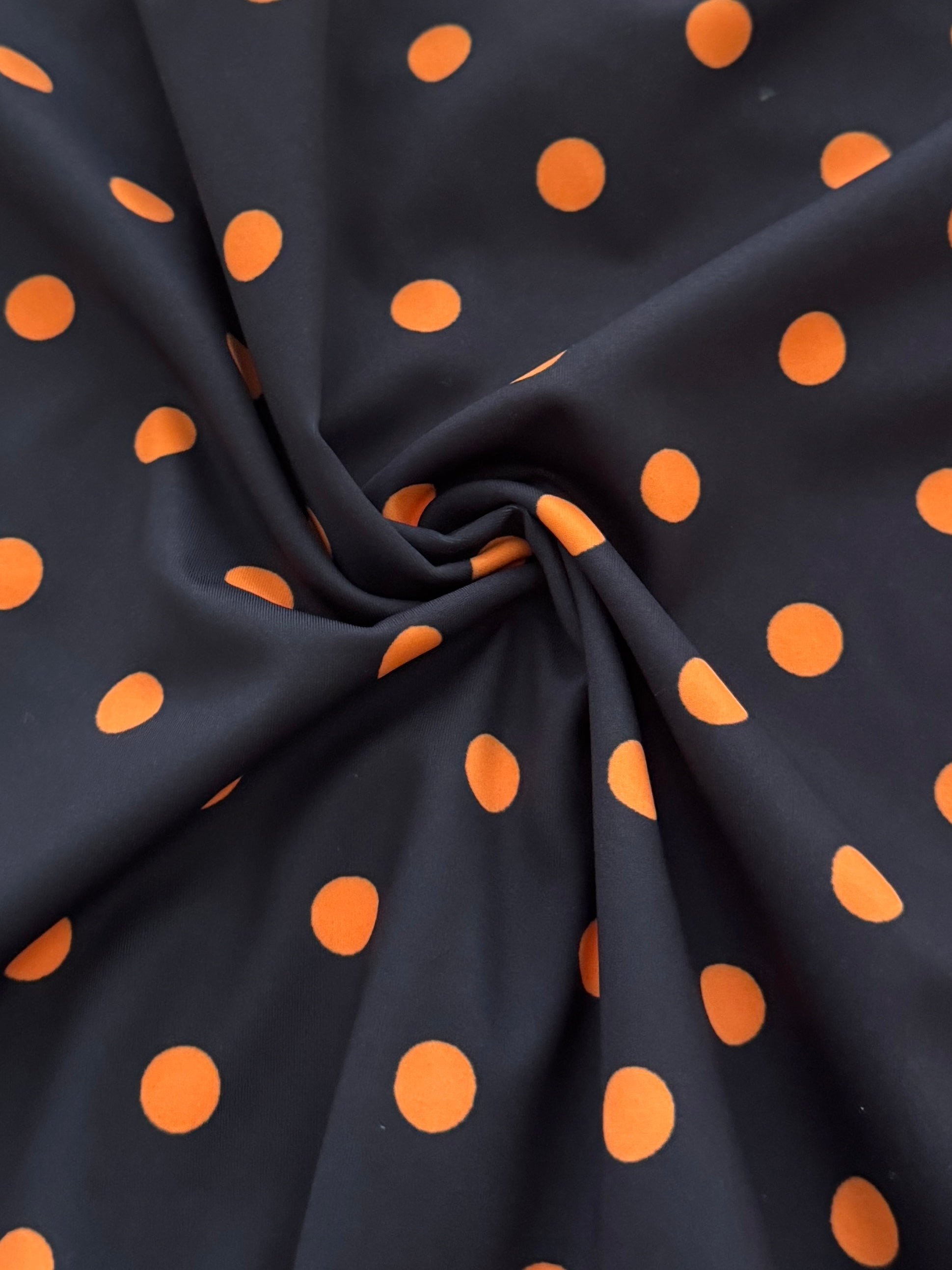Orange on Black Polka Dot Print Nylon Spandex, Halloween Spandex, Halloween Fabric, Spandex Fabric, Nylon Spandex, Stretch Fabric, 4 Way Stretch, Spooky Fabric