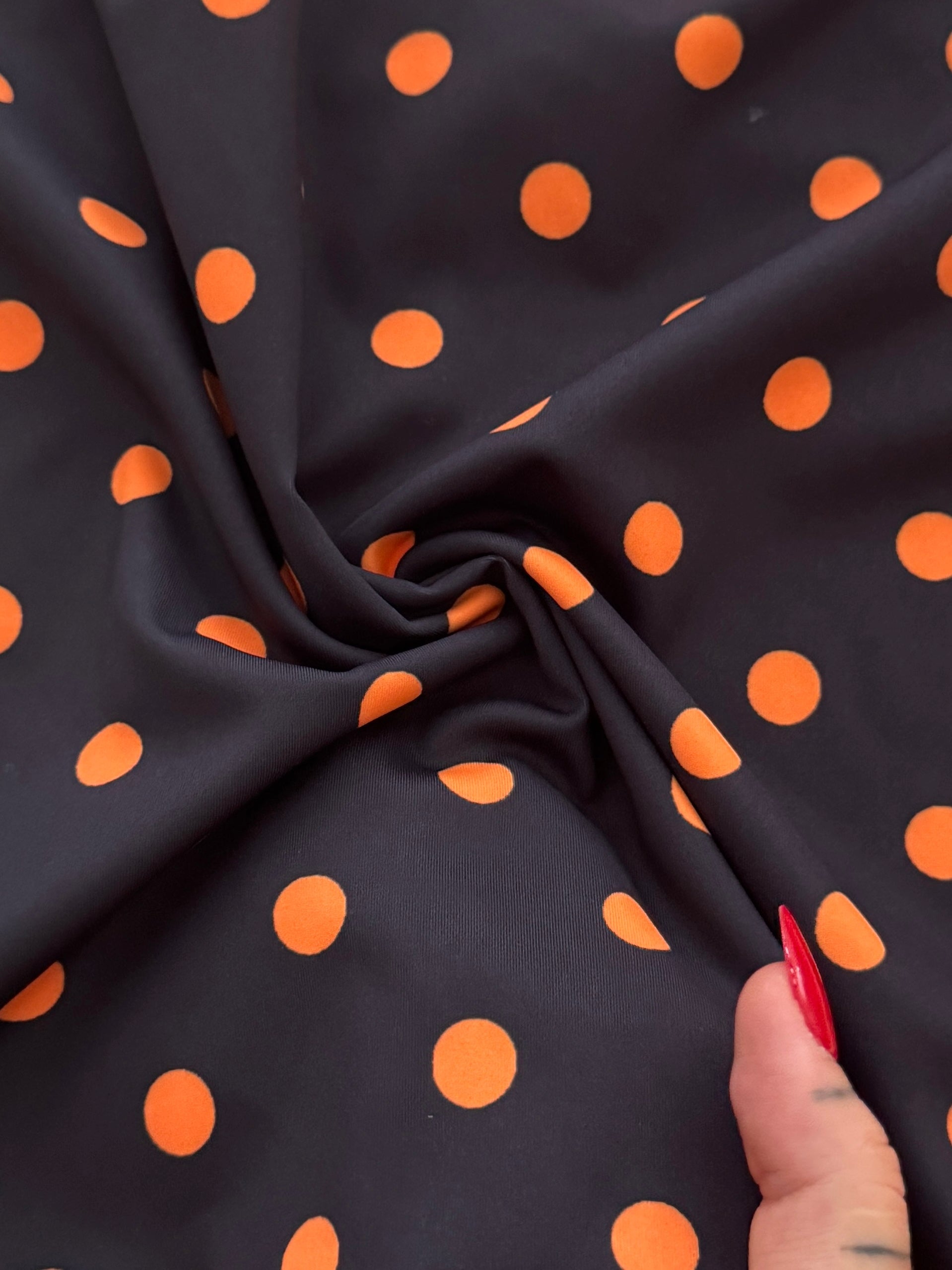 Orange on Black Polka Dot Print Nylon Spandex, Kiki Sewing Store, Kiki Luxury Fabric, Cheap Fabric Store, Kiki Textiles, Kiki Textile by the Yard, Kiki Textile USA