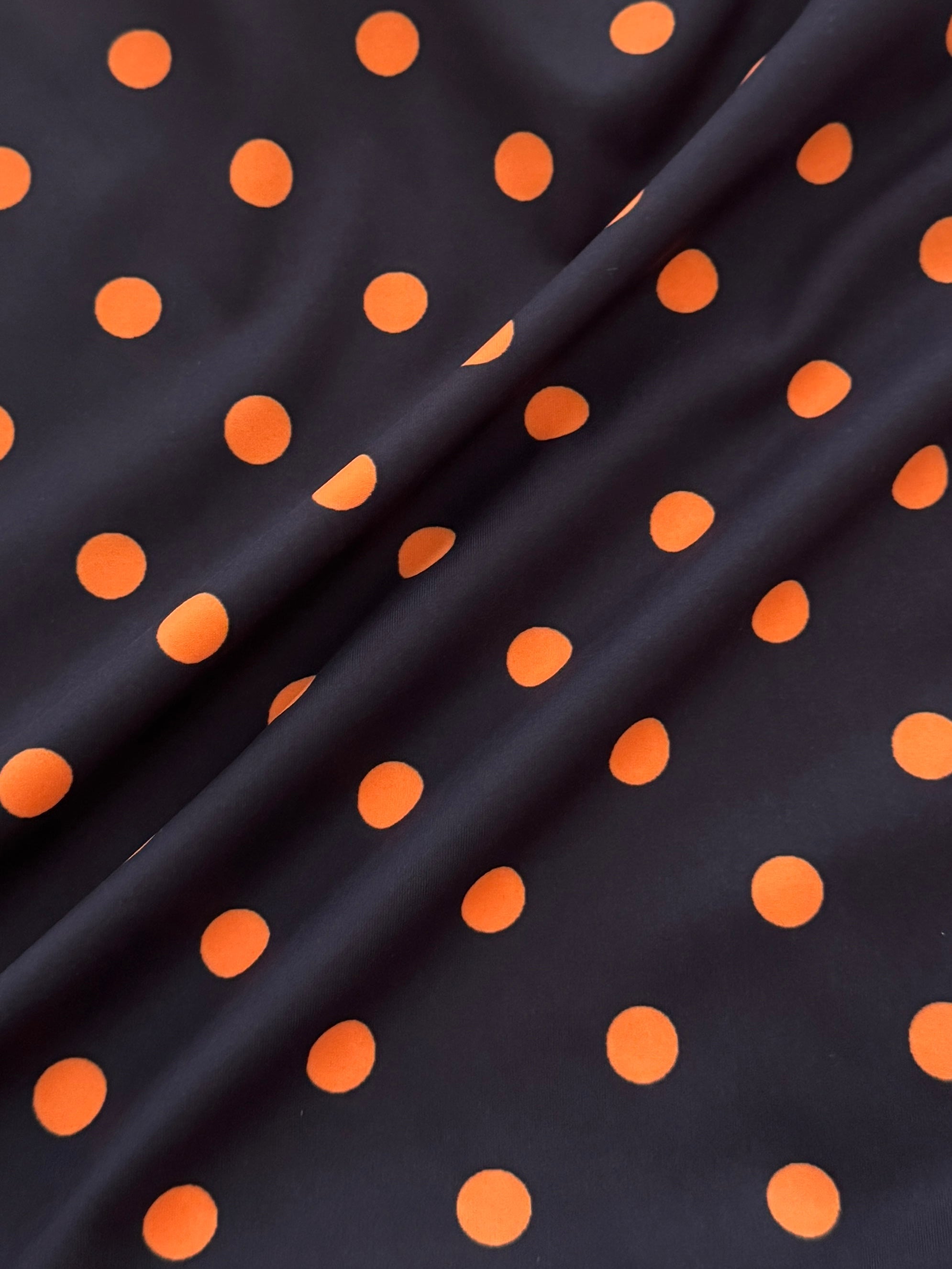 Orange on Black Polka Dot Print Nylon Spandex, Kiki Sewing Store, Kiki Luxury Fabric, Cheap Fabric Store, Kiki Textiles, Kiki Textile by the Yard, Kiki Textile USA