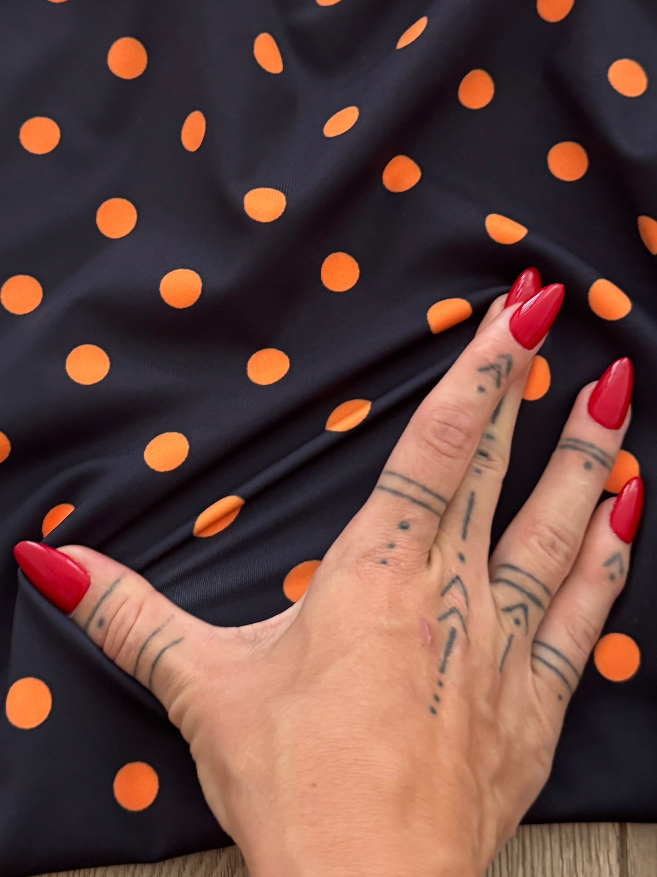 Orange on Black Polka Dot Print Nylon Spandex, Kiki Sewing Store, Kiki Luxury Fabric, Cheap Fabric Store, Kiki Textiles, Kiki Textile by the Yard, Kiki Textile USA