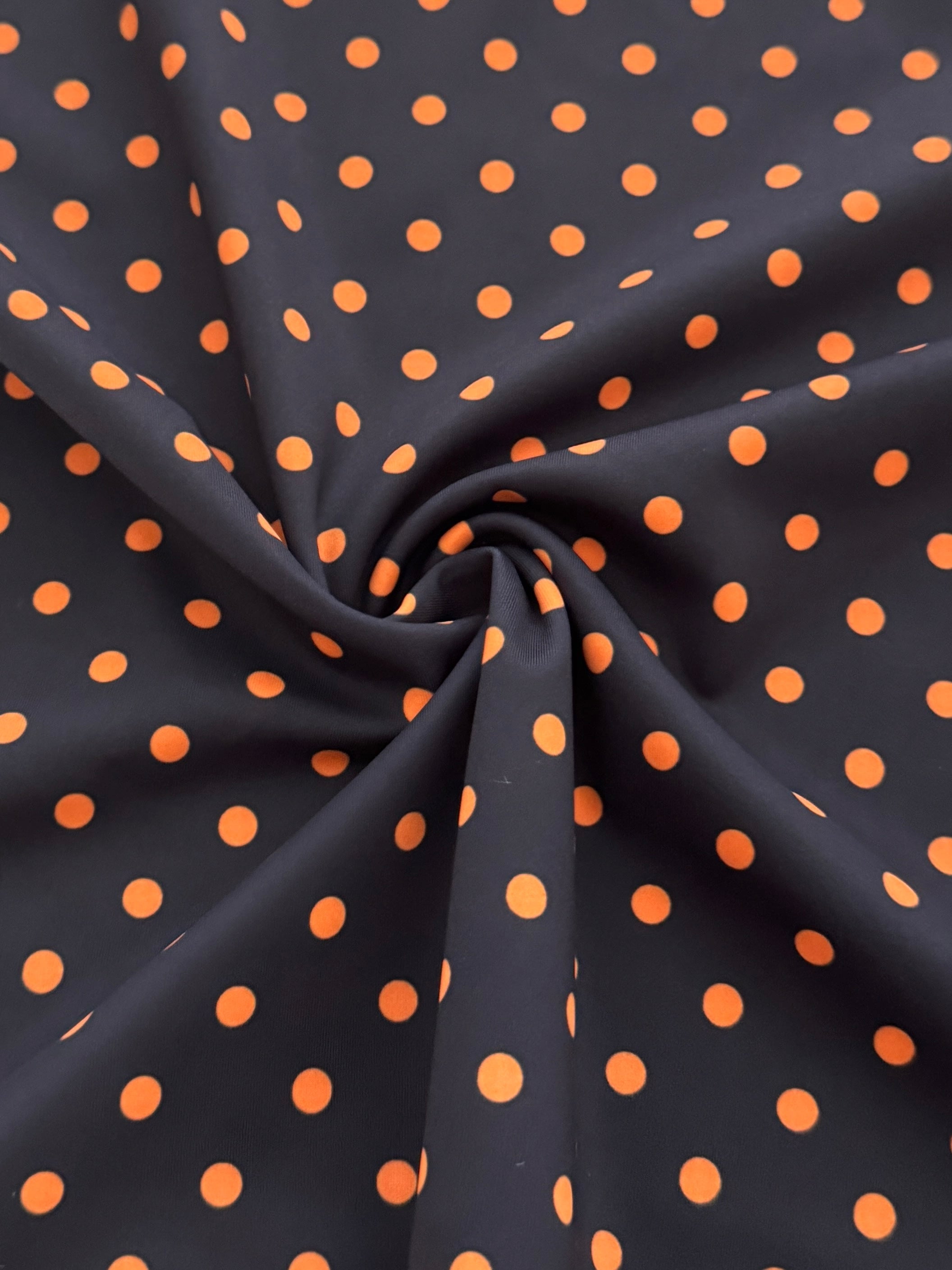 Orange on Black Mini Polka Dot Print Spandex, Halloween Spandex, Halloween Fabric, Spandex Fabric, Nylon Spandex, Stretch Fabric, 4 Way Stretch, Spooky Fabric