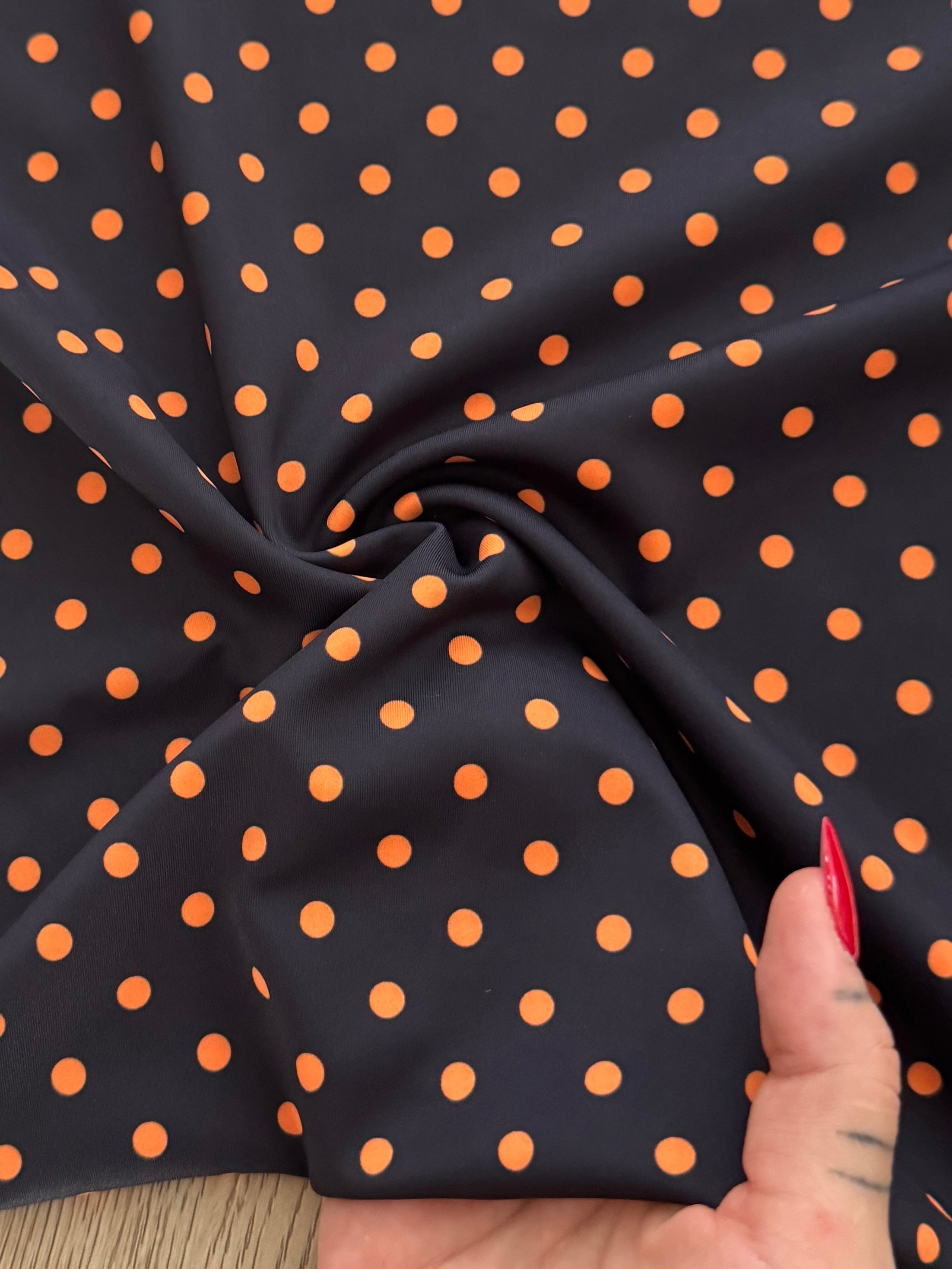 Orange on Black Mini Polka Dot Print Spandex, Kiki Sewing Store, Kiki Luxury Fabric, Cheap Fabric Store, Kiki Textiles, Kiki Textile by the Yard, Kiki Textile USA