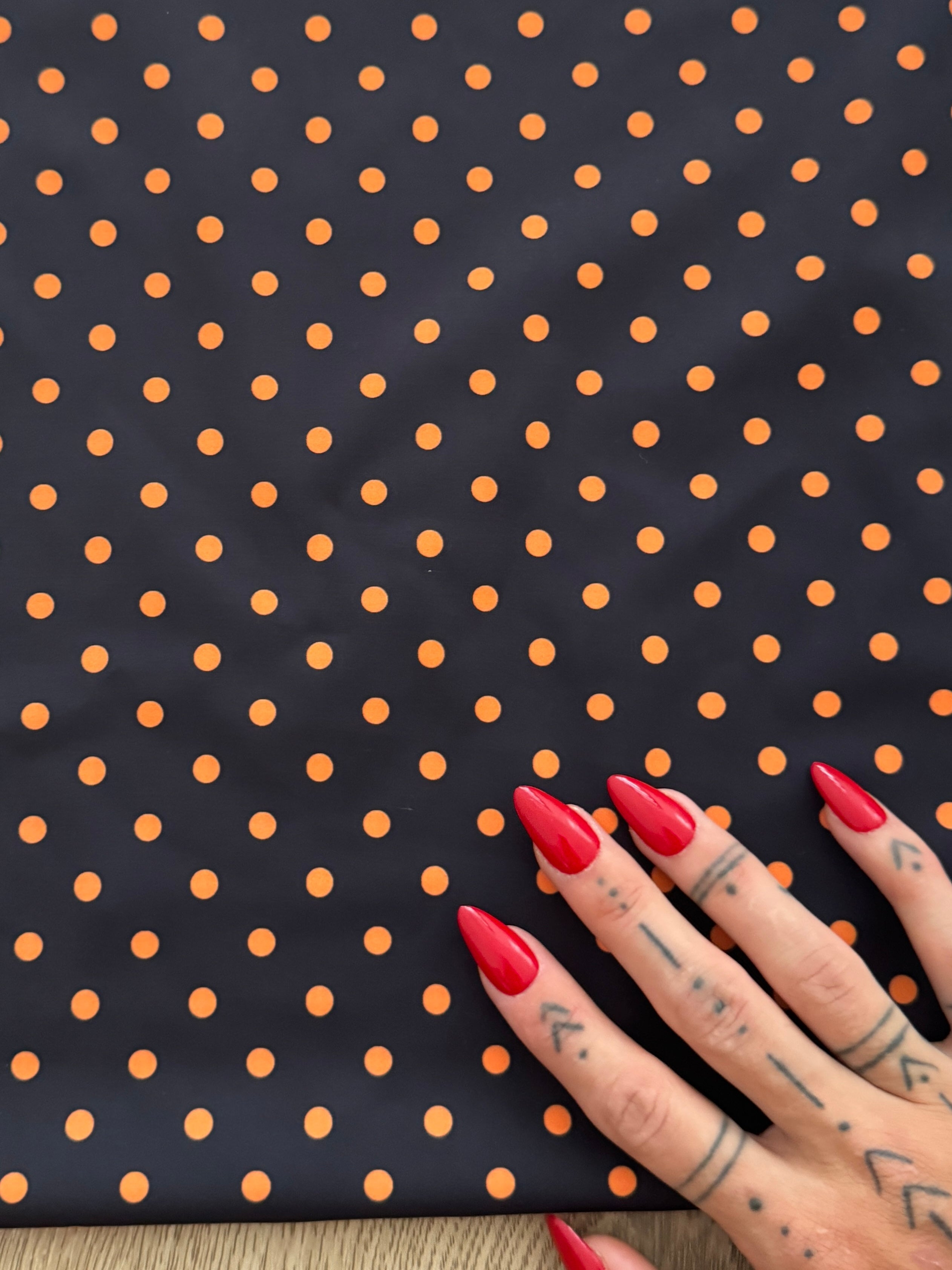 Orange on Black Mini Polka Dot Print Spandex, Kiki Sewing Store, Kiki Luxury Fabric, Cheap Fabric Store, Kiki Textiles, Kiki Textile by the Yard, Kiki Textile USA