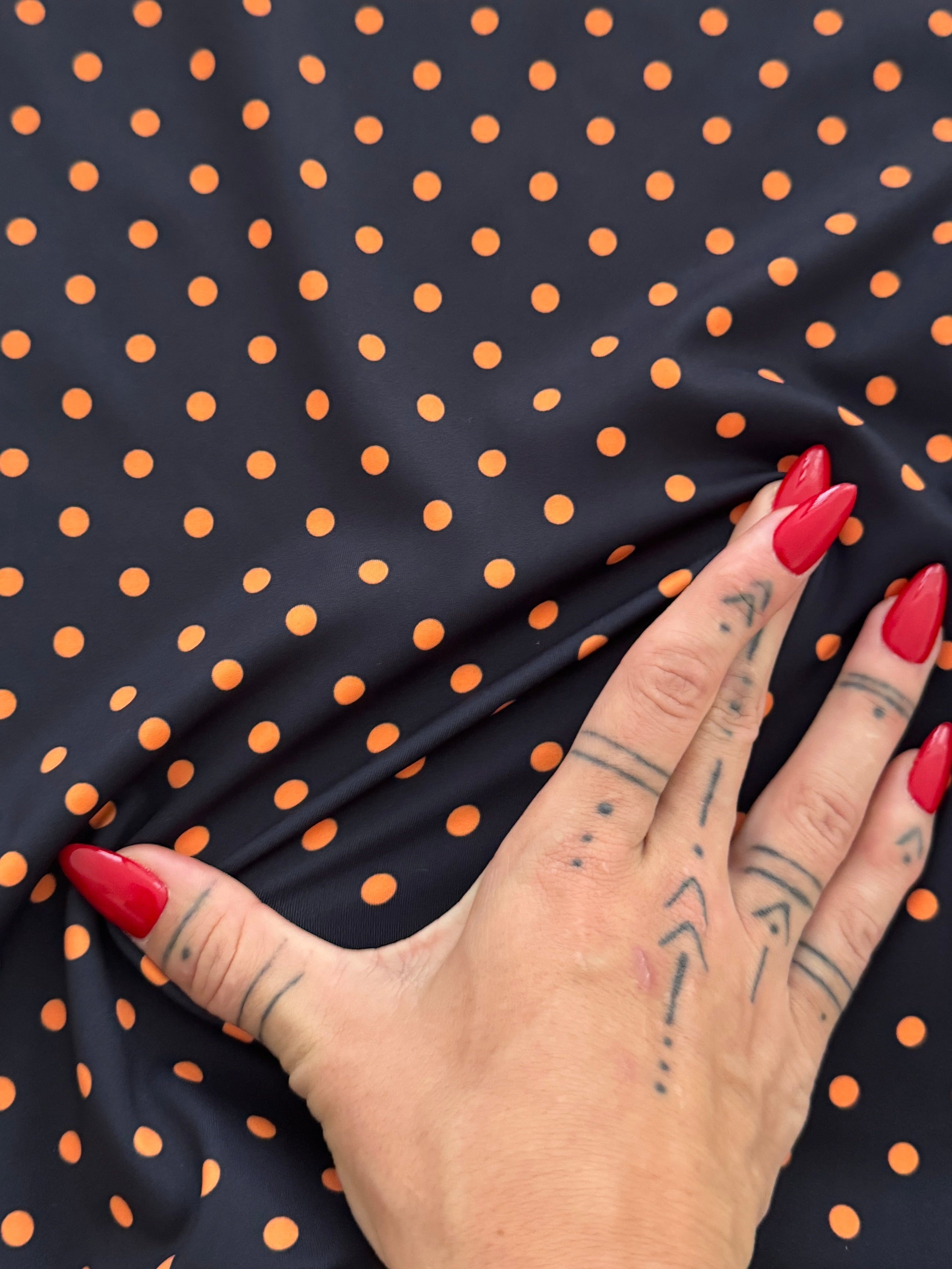 Orange on Black Mini Polka Dot Print Spandex, Kiki Sewing Store, Kiki Luxury Fabric, Cheap Fabric Store, Kiki Textiles, Kiki Textile by the Yard, Kiki Textile USA