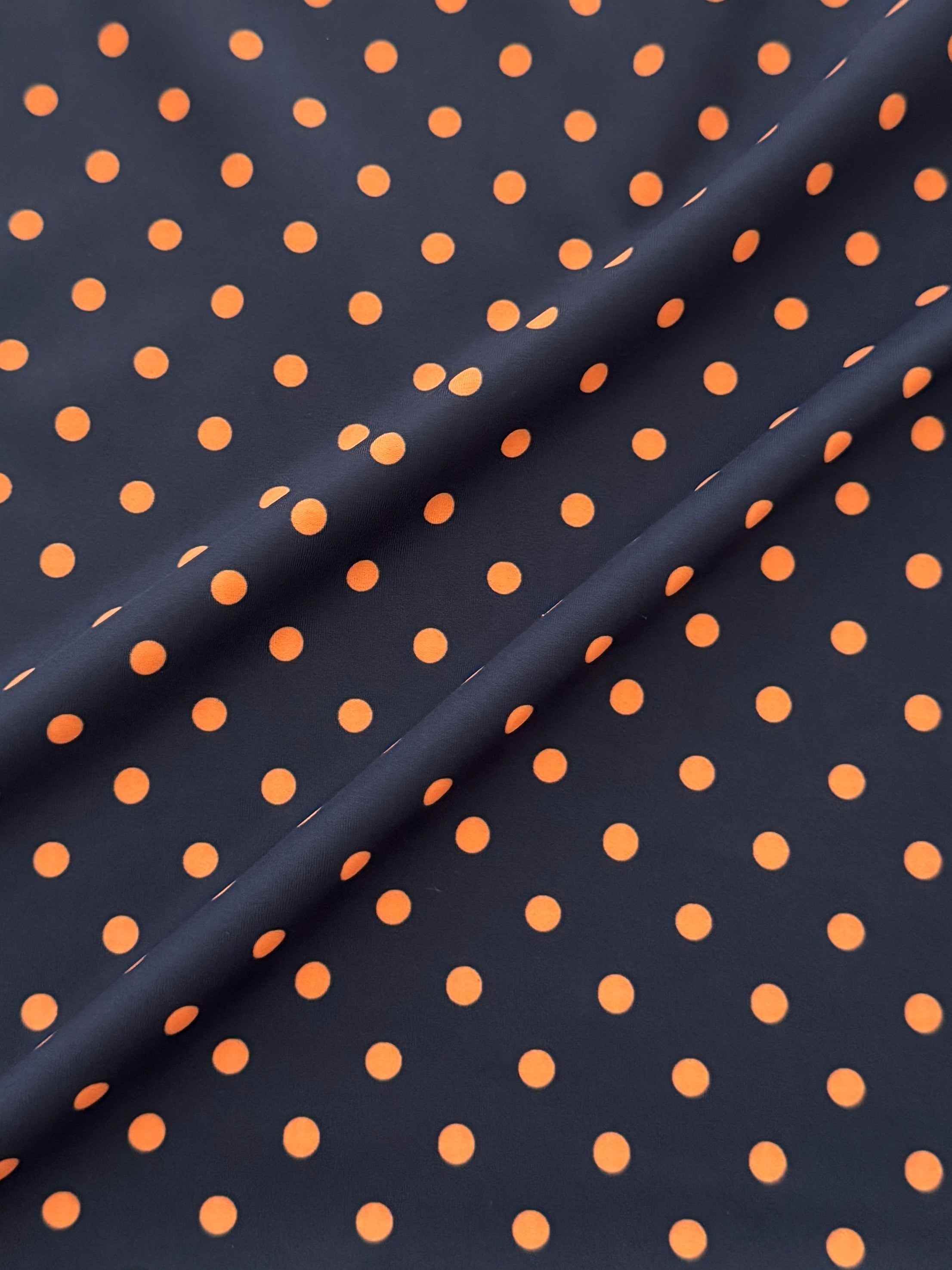 Orange on Black Mini Polka Dot Print Spandex, Halloween Spandex, Halloween Fabric, Spandex Fabric, Nylon Spandex, Stretch Fabric, 4 Way Stretch, Spooky Fabric