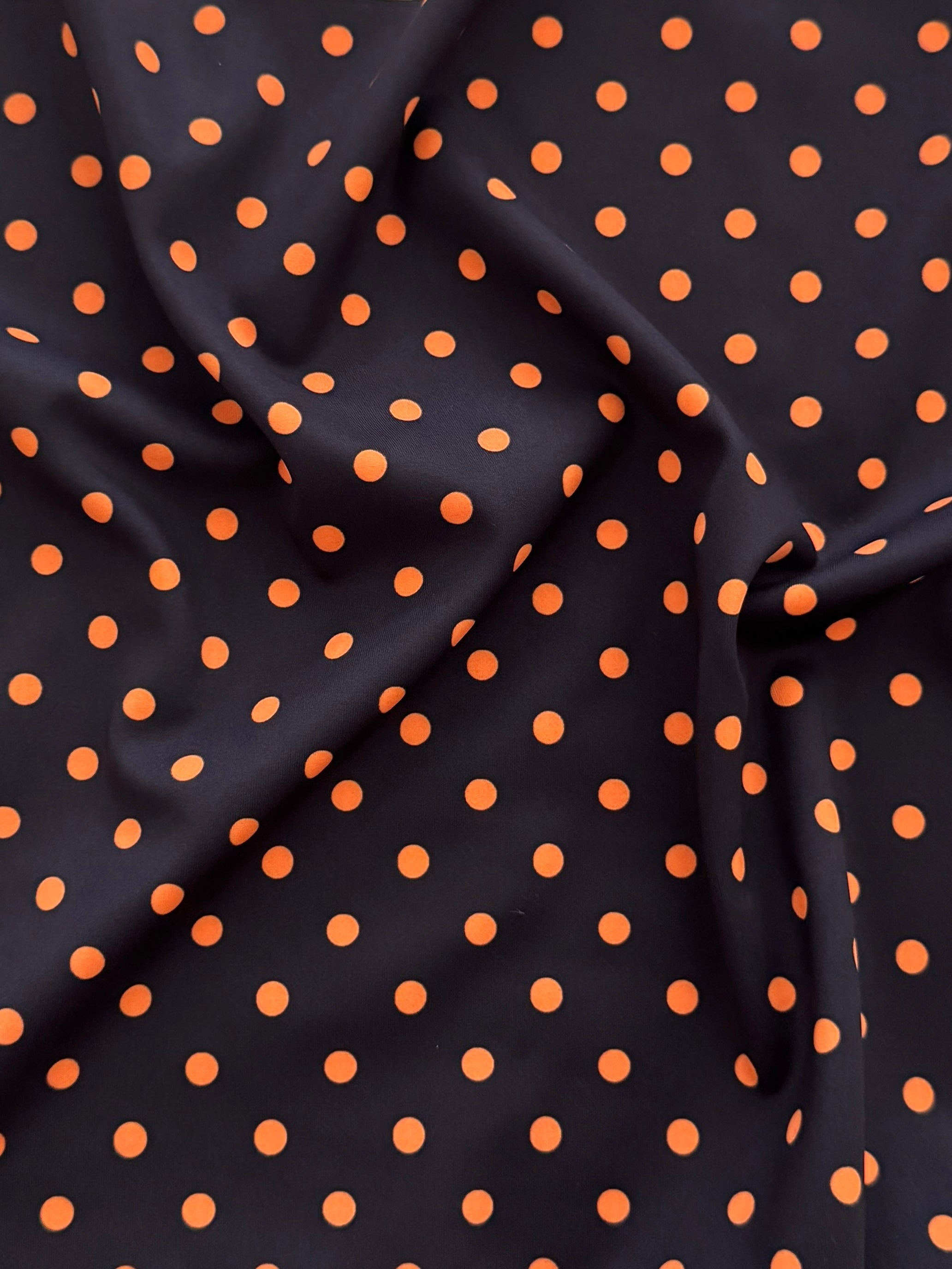 Orange on Black Mini Polka Dot Print Spandex, Halloween Spandex, Halloween Fabric, Spandex Fabric, Nylon Spandex, Stretch Fabric, 4 Way Stretch, Spooky Fabric