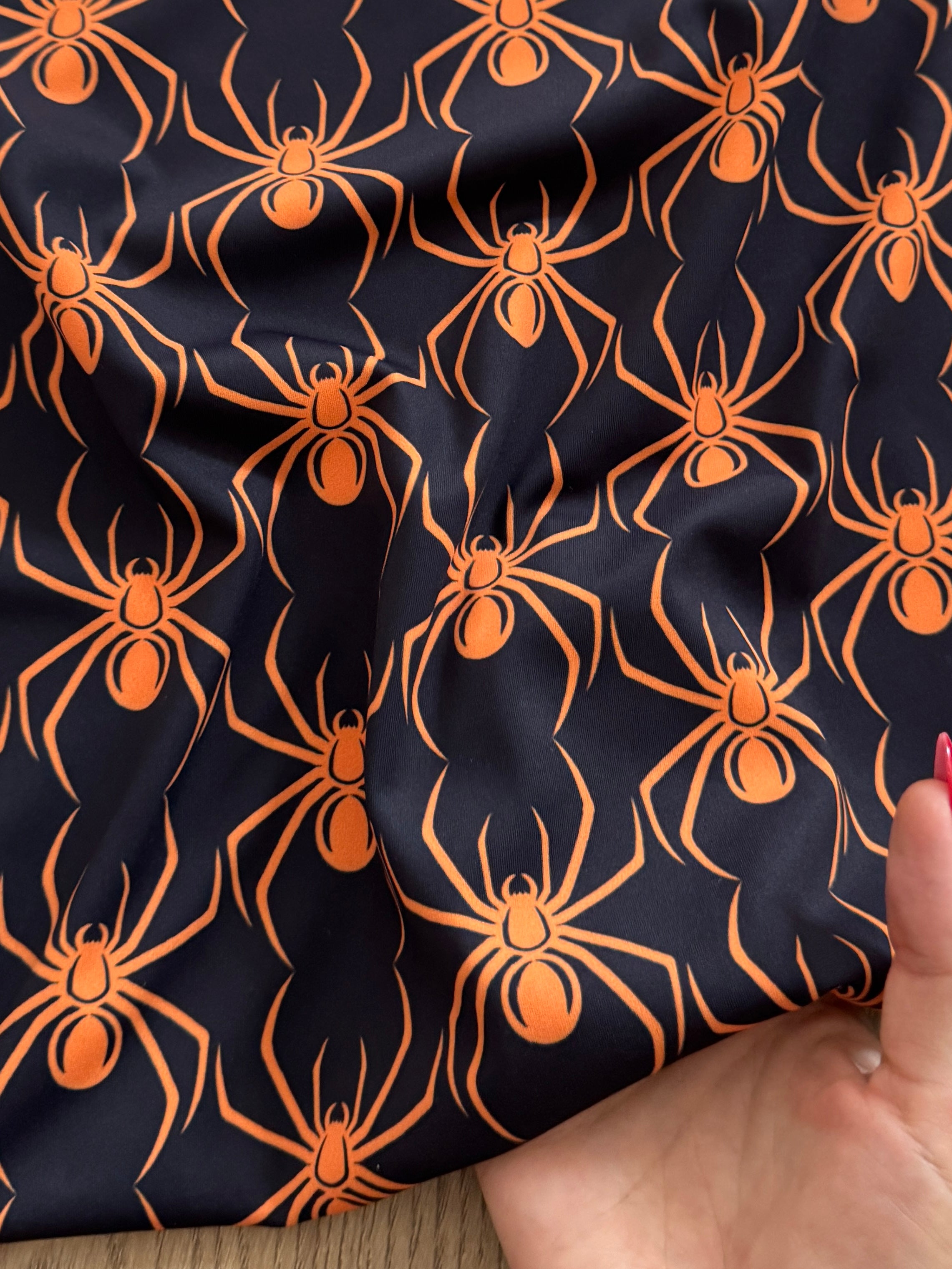 Orange on Black Spider Print Nylon Spandex, Halloween Spandex, Halloween Fabric, Spandex Fabric, Nylon Spandex, Stretch Fabric, 4 Way Stretch, Spooky Fabric