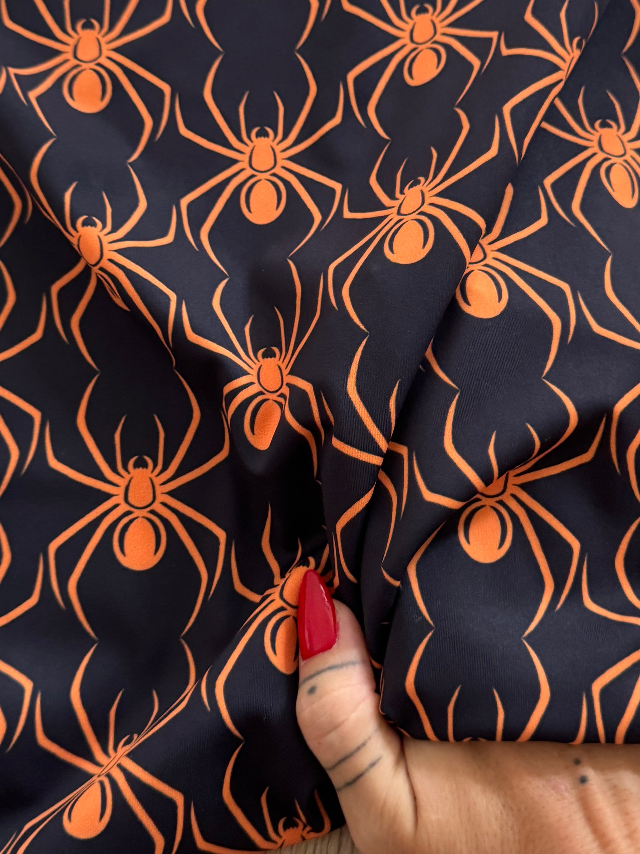 Orange on Black Spider Print Nylon Spandex, Kiki Sewing Store, Kiki Luxury Fabric, Cheap Fabric Store, Kiki Textiles, Kiki Textile by the Yard, Kiki Textile USA