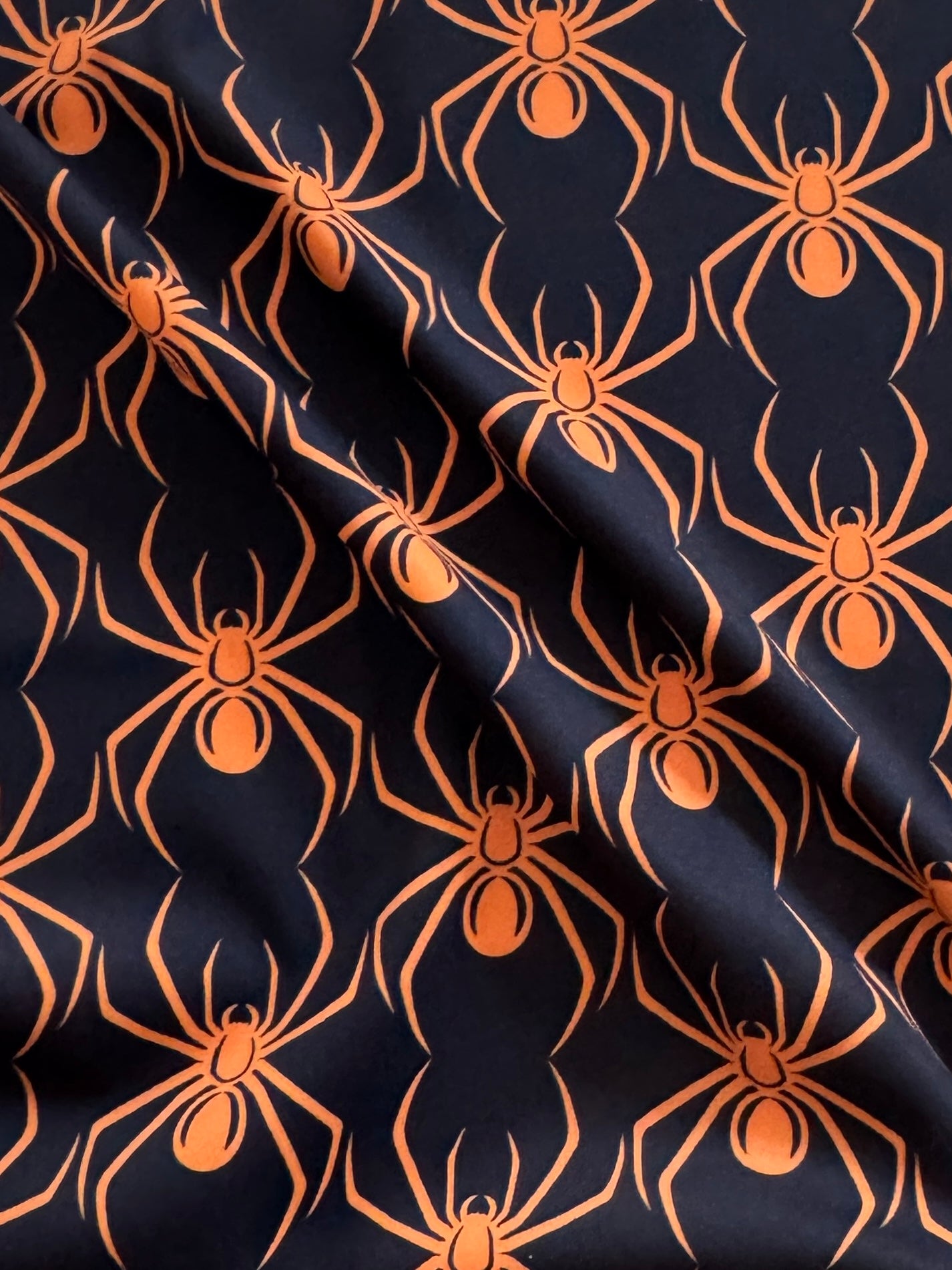 Orange on Black Spider Print Nylon Spandex, Halloween Spandex, Halloween Fabric, Spandex Fabric, Nylon Spandex, Stretch Fabric, 4 Way Stretch, Spooky Fabric